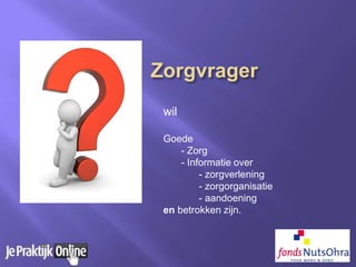 wil
Goede
- Zorg
- Informatie over
- zorgverlening
- zorgorganisatie
- aandoening
en betrokken zijn.
 