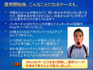 インターネットのトラフィックが増えてインターネット回線や
Proxyサーバがパンクした。
IE9使えなくなる？すぐにバージョンアップ
なんてできないよ。
いつのまにかメニューが変わってる…マ
ニュアル作り直し？ユーザー教育は？
今朝からメールが使えなくて、問い合わせがばんばん来てる
けど、障害状況が全く分からない。社長からはベンダ呼んで
こいと言われたけど来てくれるの？
何か先週のメンテナンス後から一部のメ
ニュー表示がおかしい。でもモバイル回線
からだと上手くいくから社内NWの問題？
Office365サービスを良く理解し、運用フェーズ
の事まで考えた上で導入しましょう。
 