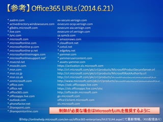 *.aadrm.com
*.activedirectory.windowsazure.com
*.glbdns.microsoft.com
*.live.com
*.lync.com
*.microsoft.com
*.microsoftonline.com
*.microsoftonline-p.com
*.microsoftonline-p.net
*.microsoftonlineimages.com
*.microsoftonlinesupport.net¹
*.msecnd.net
*.msocdn.com
*.msn.com
*.msn.co.jp
*.msn.co.uk
*.onmicrosoft.com
*.office.com
*.office.net
*.office365.com
*.officeapps.live.com
*.outlook.com
*.phonefactor.net
*.Sharepoint.com
*.Sharepointonline.com
ev-secure.verisign.com
evsecure-ocsp.verisign.com
evsecure-aia.verisign.com
evsecure-crl.verisign.com
sa.symcb.com
*.amazonaws.com
*.cloudfront.net
*.cotssl.net
*.edgekey.net
*.yammer.com
*.yammerusercontent.com
*.assets-yammer.com
https://activation.sls.microsoft.com
http://crl.microsoft.com/pki/crl/products/MicrosoftProductSecureServer.crl
http://crl.microsoft.com/pki/crl/products/MicrosoftRootAuthority.crl
http://crl.microsoft.com/pki/crl/products/MicrosoftProductSecureCommunicationsPCA.crl
http://www.microsoft.com/pki/crl/products/MicrosoftProductSecureCommunicationsPCA.crl
https://odc.officeapps.live.com
https://ols.officeapps.live.com/olsc
http://officecdn.microsoft.com
go.microsoft.com
office15client.microsoft.com
sls.microsoft.com
※http://onlinehelp.microsoft.com/en-us/office365-enterprises/hh373144.aspxにて最新情報。（RSS配信あり）
制御が必要な場合はMicrosoftもURLを推奨するように
 