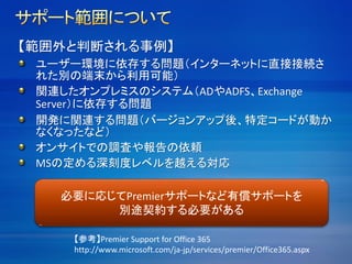 【範囲外と判断される事例】
ユーザー環境に依存する問題（インターネットに直接接続さ
れた別の端末から利用可能）
関連したオンプレミスのシステム（ADやADFS、Exchange
Server）に依存する問題
開発に関連する問題（バージョンアップ後、特定コードが動か
なくなったなど）
オンサイトでの調査や報告の依頼
MSの定める深刻度レベルを越える対応
必要に応じてPremierサポートなど有償サポートを
別途契約する必要がある
【参考】Premier Support for Office 365
http://www.microsoft.com/ja-jp/services/premier/Office365.aspx
 