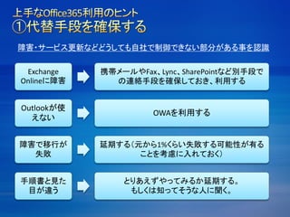 障害・サービス更新などどうしても自社で制御できない部分がある事を認識
Outlookが使
えない
OWAを利用する
Exchange
Onlineに障害
携帯メールやFax、Lync、SharePointなど別手段で
の連絡手段を確保しておき、利用する
障害で移行が
失敗
延期する（元から1%くらい失敗する可能性が有る
ことを考慮に入れておく）
手順書と見た
目が違う
とりあえずやってみるか延期する。
もしくは知ってそうな人に聞く。
 