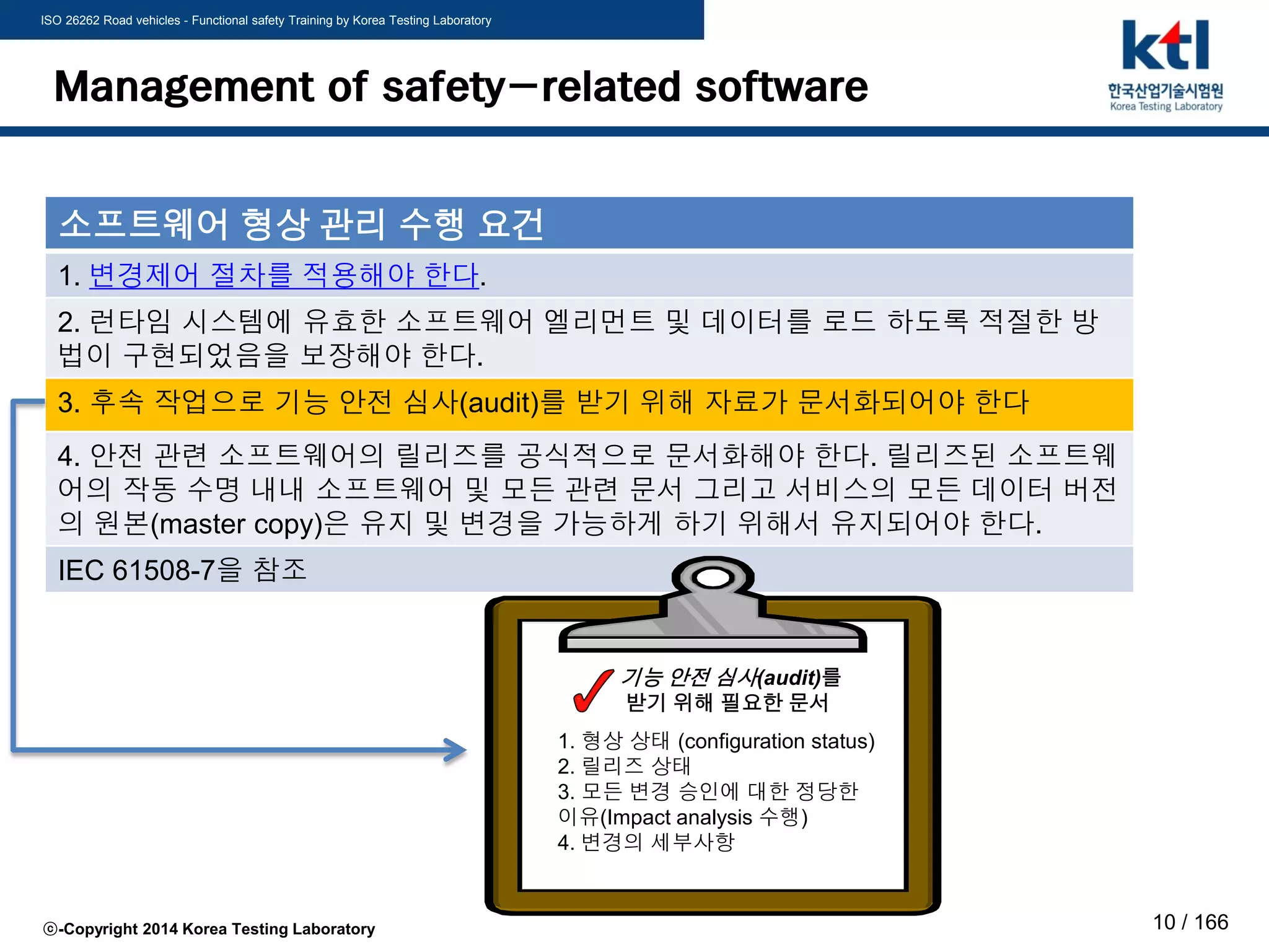 ISO 26262 Road vehicles - Functional safety Training by Korea Testing Laboratory
ⓒ-Copyright 2014 Korea Testing Laboratory 10 / 166
Management of safety-related software
소프트웨어 형상 관리 수행 요건
1. 변경제어 절차를 적용해야 한다.
2. 런타임 시스템에 유효한 소프트웨어 엘리먼트 및 데이터를 로드 하도록 적절한 방
법이 구현되었음을 보장해야 한다.
3. 후속 작업으로 기능 안전 심사(audit)를 받기 위해 자료가 문서화되어야 한다
4. 안전 관련 소프트웨어의 릴리즈를 공식적으로 문서화해야 한다. 릴리즈된 소프트웨
어의 작동 수명 내내 소프트웨어 및 모든 관련 문서 그리고 서비스의 모든 데이터 버전
의 원본(master copy)은 유지 및 변경을 가능하게 하기 위해서 유지되어야 한다.
IEC 61508-7을 참조
기능 안전 심사(audit)를
받기 위해 필요한 문서
1. 형상 상태 (configuration status)
2. 릴리즈 상태
3. 모든 변경 승인에 대한 정당한
이유(Impact analysis 수행)
4. 변경의 세부사항
 