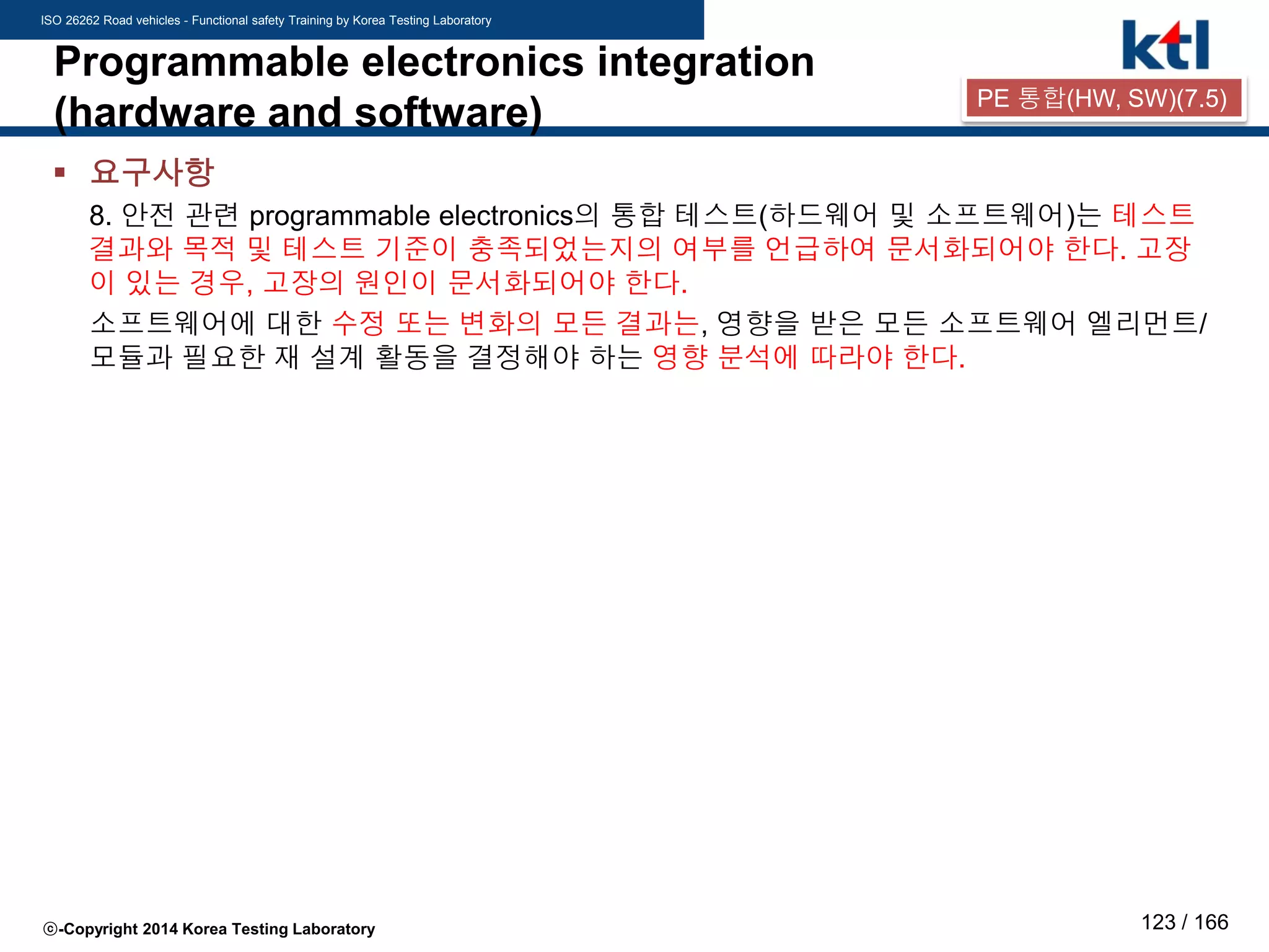 ISO 26262 Road vehicles - Functional safety Training by Korea Testing Laboratory
ⓒ-Copyright 2014 Korea Testing Laboratory 123 / 166
Programmable electronics integration
(hardware and software)
 요구사항
8. 안전 관련 programmable electronics의 통합 테스트(하드웨어 및 소프트웨어)는 테스트
결과와 목적 및 테스트 기준이 충족되었는지의 여부를 언급하여 문서화되어야 한다. 고장
이 있는 경우, 고장의 원인이 문서화되어야 한다.
소프트웨어에 대한 수정 또는 변화의 모든 결과는, 영향을 받은 모든 소프트웨어 엘리먼트/
모듈과 필요한 재 설계 활동을 결정해야 하는 영향 분석에 따라야 한다.
PE 통합(HW, SW)(7.5)
 