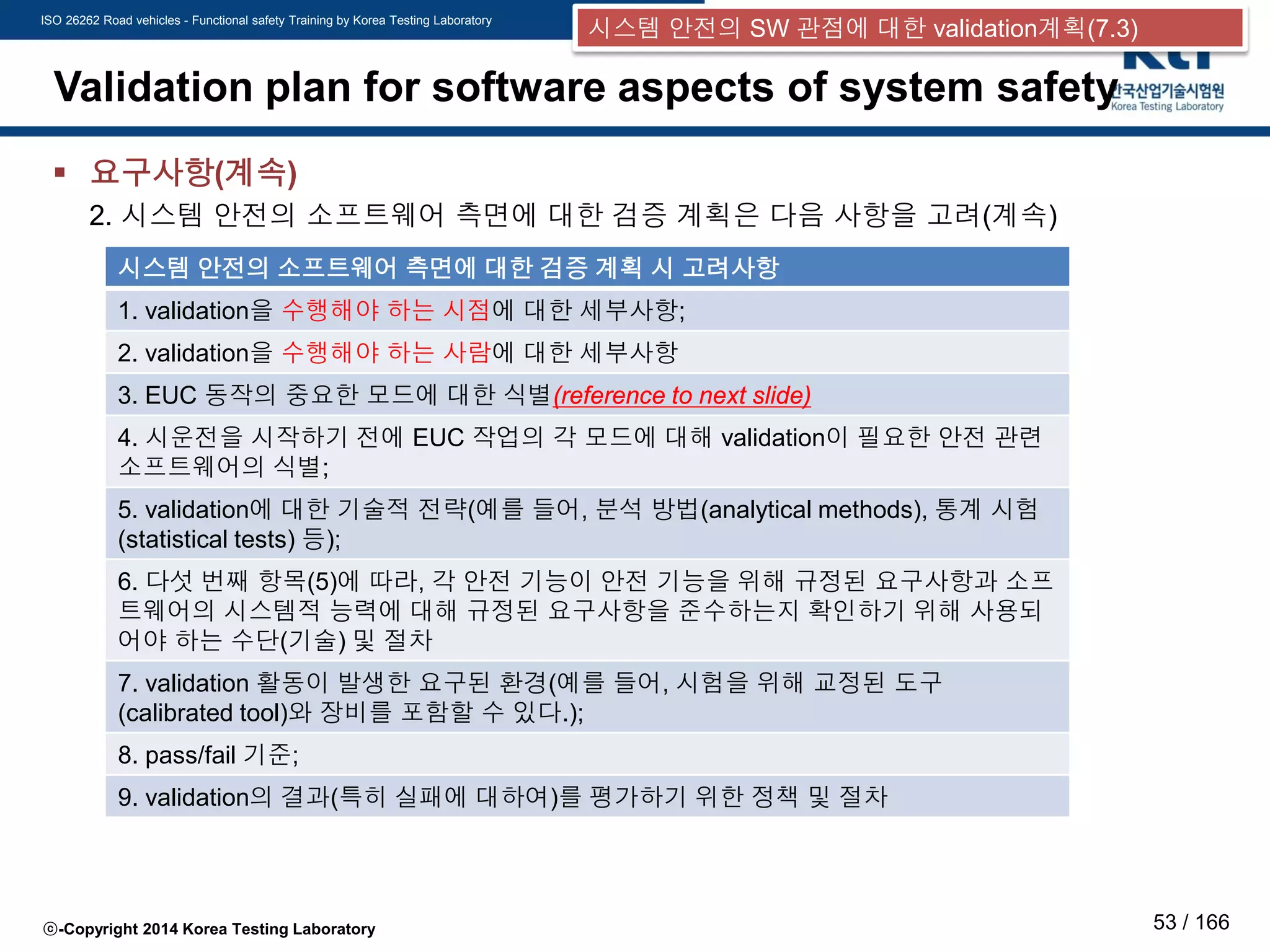 ISO 26262 Road vehicles - Functional safety Training by Korea Testing Laboratory
ⓒ-Copyright 2014 Korea Testing Laboratory 53 / 166
Validation plan for software aspects of system safety
 요구사항(계속)
2. 시스템 안전의 소프트웨어 측면에 대한 검증 계획은 다음 사항을 고려(계속)
시스템 안전의 소프트웨어 측면에 대한 검증 계획 시 고려사항
1. validation을 수행해야 하는 시점에 대한 세부사항;
2. validation을 수행해야 하는 사람에 대한 세부사항
3. EUC 동작의 중요한 모드에 대한 식별(reference to next slide)
4. 시운전을 시작하기 전에 EUC 작업의 각 모드에 대해 validation이 필요한 안전 관련
소프트웨어의 식별;
5. validation에 대한 기술적 전략(예를 들어, 분석 방법(analytical methods), 통계 시험
(statistical tests) 등);
6. 다섯 번째 항목(5)에 따라, 각 안전 기능이 안전 기능을 위해 규정된 요구사항과 소프
트웨어의 시스템적 능력에 대해 규정된 요구사항을 준수하는지 확인하기 위해 사용되
어야 하는 수단(기술) 및 절차
7. validation 활동이 발생한 요구된 환경(예를 들어, 시험을 위해 교정된 도구
(calibrated tool)와 장비를 포함할 수 있다.);
8. pass/fail 기준;
9. validation의 결과(특히 실패에 대하여)를 평가하기 위한 정책 및 절차
시스템 안전의 SW 관점에 대한 validation계획(7.3)
 