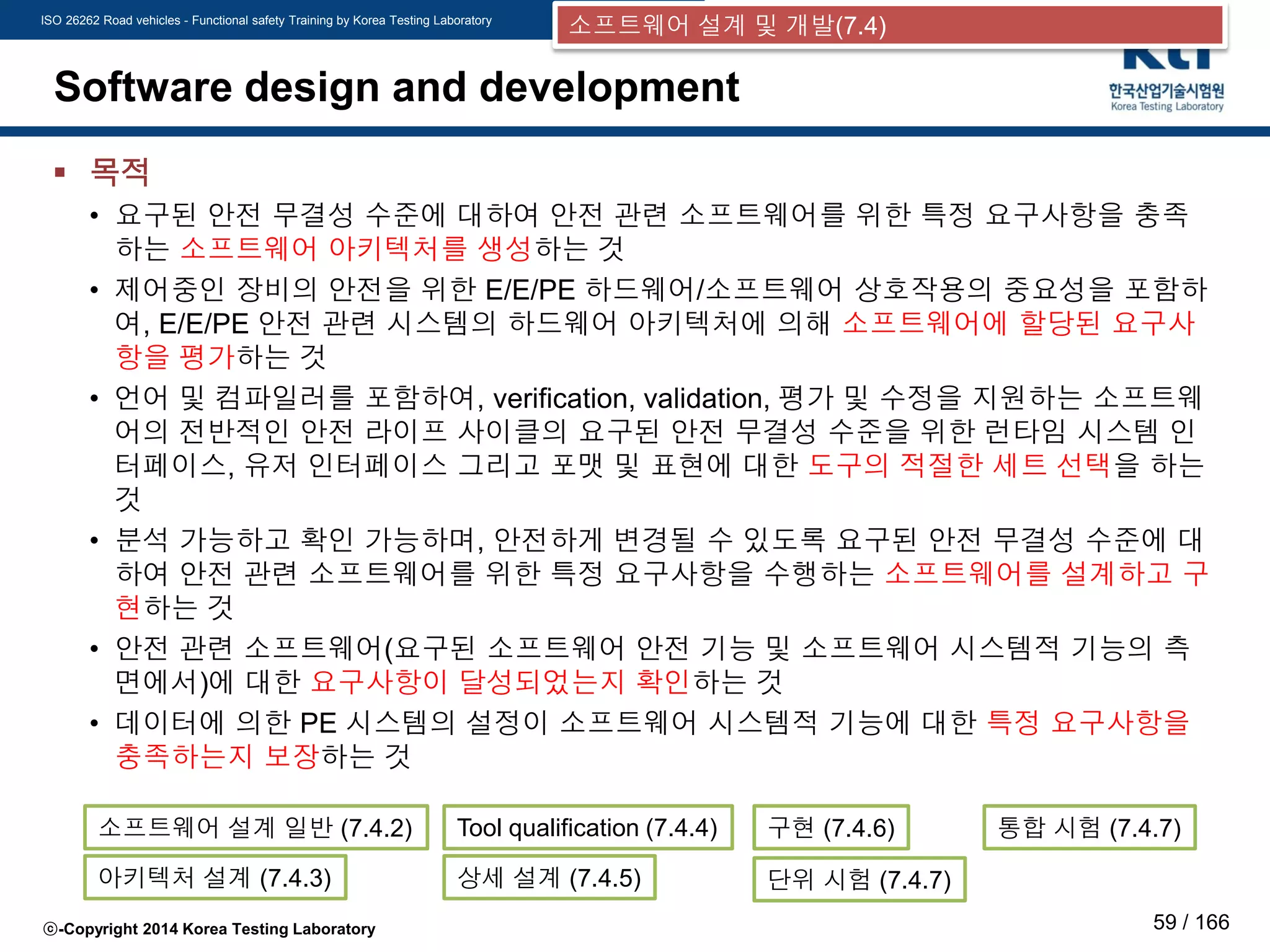 ISO 26262 Road vehicles - Functional safety Training by Korea Testing Laboratory
ⓒ-Copyright 2014 Korea Testing Laboratory 59 / 166
Software design and development
 목적
• 요구된 안전 무결성 수준에 대하여 안전 관련 소프트웨어를 위한 특정 요구사항을 충족
하는 소프트웨어 아키텍처를 생성하는 것
• 제어중인 장비의 안전을 위한 E/E/PE 하드웨어/소프트웨어 상호작용의 중요성을 포함하
여, E/E/PE 안전 관련 시스템의 하드웨어 아키텍처에 의해 소프트웨어에 할당된 요구사
항을 평가하는 것
• 언어 및 컴파일러를 포함하여, verification, validation, 평가 및 수정을 지원하는 소프트웨
어의 전반적인 안전 라이프 사이클의 요구된 안전 무결성 수준을 위한 런타임 시스템 인
터페이스, 유저 인터페이스 그리고 포맷 및 표현에 대한 도구의 적절한 세트 선택을 하는
것
• 분석 가능하고 확인 가능하며, 안전하게 변경될 수 있도록 요구된 안전 무결성 수준에 대
하여 안전 관련 소프트웨어를 위한 특정 요구사항을 수행하는 소프트웨어를 설계하고 구
현하는 것
• 안전 관련 소프트웨어(요구된 소프트웨어 안전 기능 및 소프트웨어 시스템적 기능의 측
면에서)에 대한 요구사항이 달성되었는지 확인하는 것
• 데이터에 의한 PE 시스템의 설정이 소프트웨어 시스템적 기능에 대한 특정 요구사항을
충족하는지 보장하는 것
소프트웨어 설계 및 개발(7.4)
아키텍처 설계 (7.4.3)
Tool qualification (7.4.4)
상세 설계 (7.4.5)
구현 (7.4.6)
단위 시험 (7.4.7)
통합 시험 (7.4.7)소프트웨어 설계 일반 (7.4.2)
 