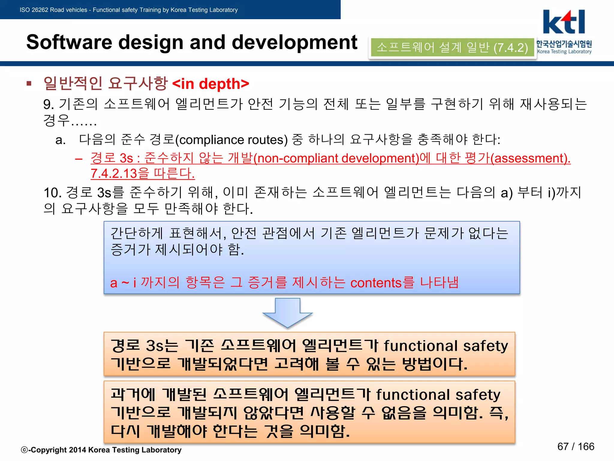 ISO 26262 Road vehicles - Functional safety Training by Korea Testing Laboratory
ⓒ-Copyright 2014 Korea Testing Laboratory 67 / 166
Software design and development
 일반적인 요구사항 <in depth>
9. 기존의 소프트웨어 엘리먼트가 안전 기능의 전체 또는 일부를 구현하기 위해 재사용되는
경우……
a. 다음의 준수 경로(compliance routes) 중 하나의 요구사항을 충족해야 한다:
– 경로 3s : 준수하지 않는 개발(non-compliant development)에 대한 평가(assessment).
7.4.2.13을 따른다.
10. 경로 3s를 준수하기 위해, 이미 존재하는 소프트웨어 엘리먼트는 다음의 a) 부터 i)까지
의 요구사항을 모두 만족해야 한다.
간단하게 표현해서, 안전 관점에서 기존 엘리먼트가 문제가 없다는
증거가 제시되어야 함.
a ~ i 까지의 항목은 그 증거를 제시하는 contents를 나타냄
경로 3s는 기존 소프트웨어 엘리먼트가 functional safety
기반으로 개발되었다면 고려해 볼 수 있는 방법이다.
과거에 개발된 소프트웨어 엘리먼트가 functional safety
기반으로 개발되지 않았다면 사용할 수 없음을 의미함. 즉,
다시 개발해야 한다는 것을 의미함.
소프트웨어 설계 일반 (7.4.2)
 
