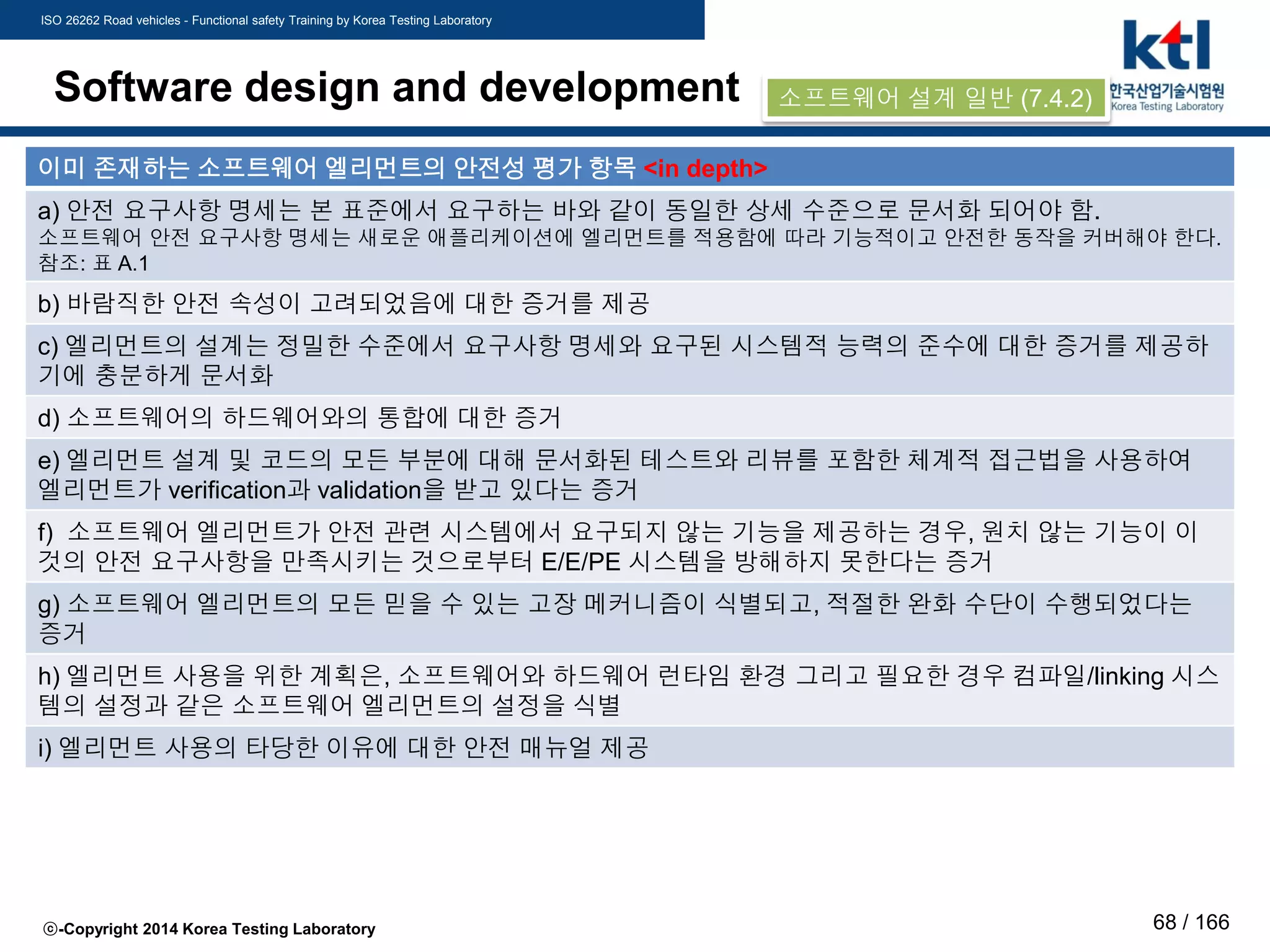 ISO 26262 Road vehicles - Functional safety Training by Korea Testing Laboratory
ⓒ-Copyright 2014 Korea Testing Laboratory 68 / 166
Software design and development
이미 존재하는 소프트웨어 엘리먼트의 안전성 평가 항목 <in depth>
a) 안전 요구사항 명세는 본 표준에서 요구하는 바와 같이 동일한 상세 수준으로 문서화 되어야 함.
소프트웨어 안전 요구사항 명세는 새로운 애플리케이션에 엘리먼트를 적용함에 따라 기능적이고 안전한 동작을 커버해야 한다.
참조: 표 A.1
b) 바람직한 안전 속성이 고려되었음에 대한 증거를 제공
c) 엘리먼트의 설계는 정밀한 수준에서 요구사항 명세와 요구된 시스템적 능력의 준수에 대한 증거를 제공하
기에 충분하게 문서화
d) 소프트웨어의 하드웨어와의 통합에 대한 증거
e) 엘리먼트 설계 및 코드의 모든 부분에 대해 문서화된 테스트와 리뷰를 포함한 체계적 접근법을 사용하여
엘리먼트가 verification과 validation을 받고 있다는 증거
f) 소프트웨어 엘리먼트가 안전 관련 시스템에서 요구되지 않는 기능을 제공하는 경우, 원치 않는 기능이 이
것의 안전 요구사항을 만족시키는 것으로부터 E/E/PE 시스템을 방해하지 못한다는 증거
g) 소프트웨어 엘리먼트의 모든 믿을 수 있는 고장 메커니즘이 식별되고, 적절한 완화 수단이 수행되었다는
증거
h) 엘리먼트 사용을 위한 계획은, 소프트웨어와 하드웨어 런타임 환경 그리고 필요한 경우 컴파일/linking 시스
템의 설정과 같은 소프트웨어 엘리먼트의 설정을 식별
i) 엘리먼트 사용의 타당한 이유에 대한 안전 매뉴얼 제공
소프트웨어 설계 일반 (7.4.2)
 