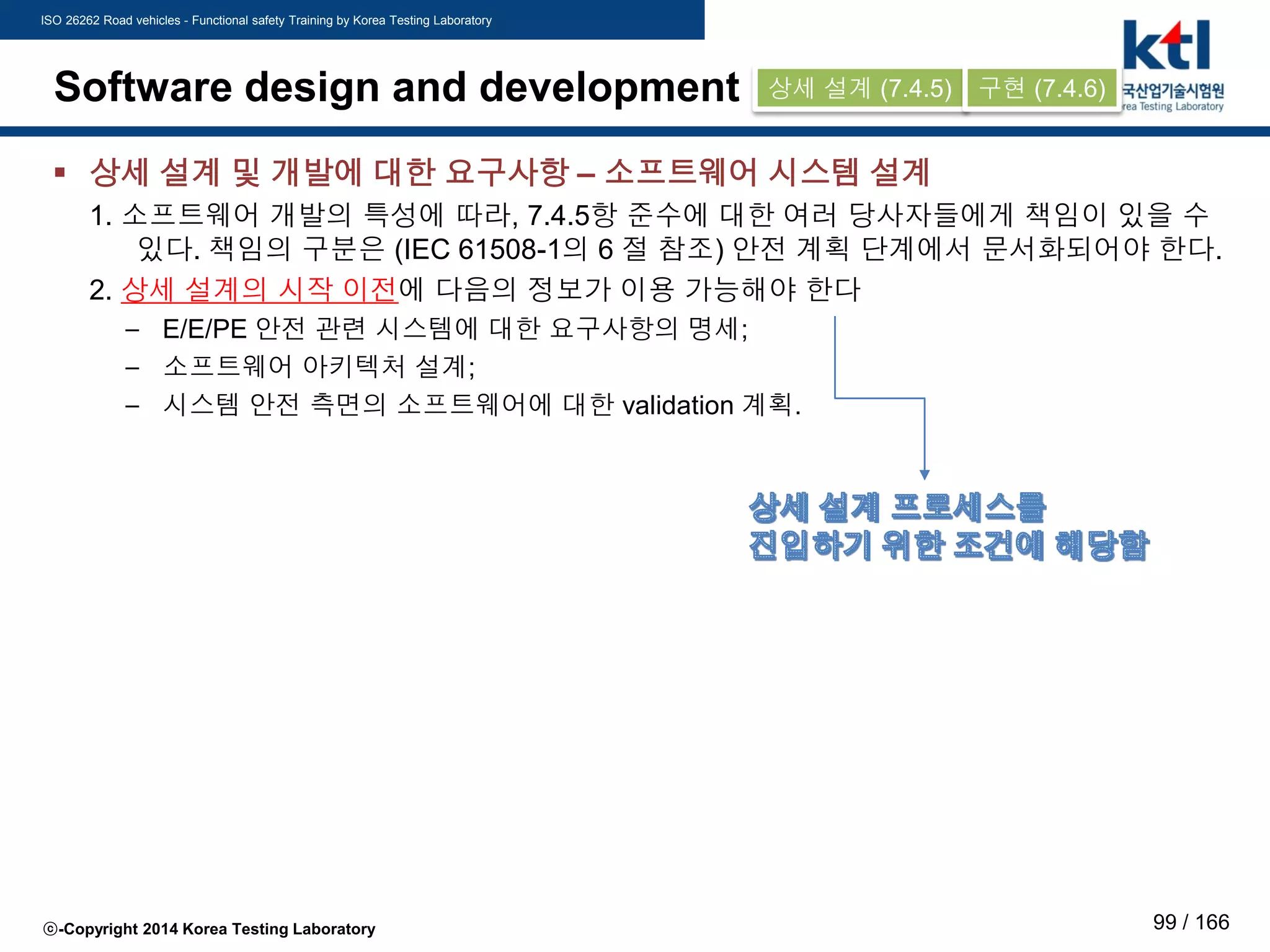 ISO 26262 Road vehicles - Functional safety Training by Korea Testing Laboratory
ⓒ-Copyright 2014 Korea Testing Laboratory 99 / 166
Software design and development
 상세 설계 및 개발에 대한 요구사항 – 소프트웨어 시스템 설계
1. 소프트웨어 개발의 특성에 따라, 7.4.5항 준수에 대한 여러 당사자들에게 책임이 있을 수
있다. 책임의 구분은 (IEC 61508-1의 6 절 참조) 안전 계획 단계에서 문서화되어야 한다.
2. 상세 설계의 시작 이전에 다음의 정보가 이용 가능해야 한다
– E/E/PE 안전 관련 시스템에 대한 요구사항의 명세;
– 소프트웨어 아키텍처 설계;
– 시스템 안전 측면의 소프트웨어에 대한 validation 계획.
상세 설계 (7.4.5) 구현 (7.4.6)
 