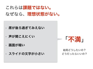 • 席が後ろ過ぎてみえない
• 声が聞こえにくい
• 画面が暗い
• スライドの文字が小さい
「不満」
これらは課題ではない。
なぜなら、理想状態がない。
結局どうしたいの？
どうだったらいいの？
 