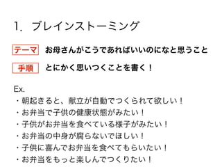1．ブレインストーミング
お母さんがこうであればいいのになと思うことテーマ
手順  とにかく思いつくことを書く！
Ex.
・朝起きると、献立が自動でつくられて欲しい！
・お弁当で子供の健康状態がみたい！
・子供がお弁当を食べている様子がみたい！
・お弁当の中身が腐らないでほしい！
・子供に喜んでお弁当を食べてもらいたい！
・お弁当をもっと楽しんでつくりたい！
 
