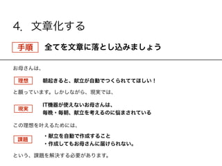 4．文章化する
手順  全てを文章に落とし込みましょう
理想 
現実 
朝起きると、献立が自動でつくられててほしい！
IT機器が使えないお母さんは、
毎晩・毎朝、献立を考えるのに悩まされている
課題 
・献立を自動で作成すること
・作成してもお母さんに届けられない。
と願っています。しかしながら、現実では、
この理想を叶えるためには、
お母さんは、
という、課題を解決する必要があります。
 