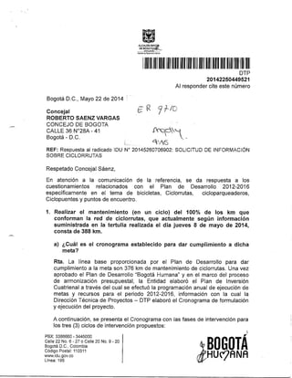 Respuesta del IDU a Derecho de Petición del Concejal Roberto Sáenz del 22 de mayo de 2014