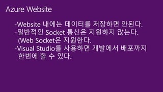 -Website 내에는 데이터를 저장하면 안된다.
-일반적인 Socket 통신은 지원하지 않는다.
(Web Socket은 지원한다.
-Visual Studio를 사용하면 개발에서 배포까지
한번에 할 수 있다.
 