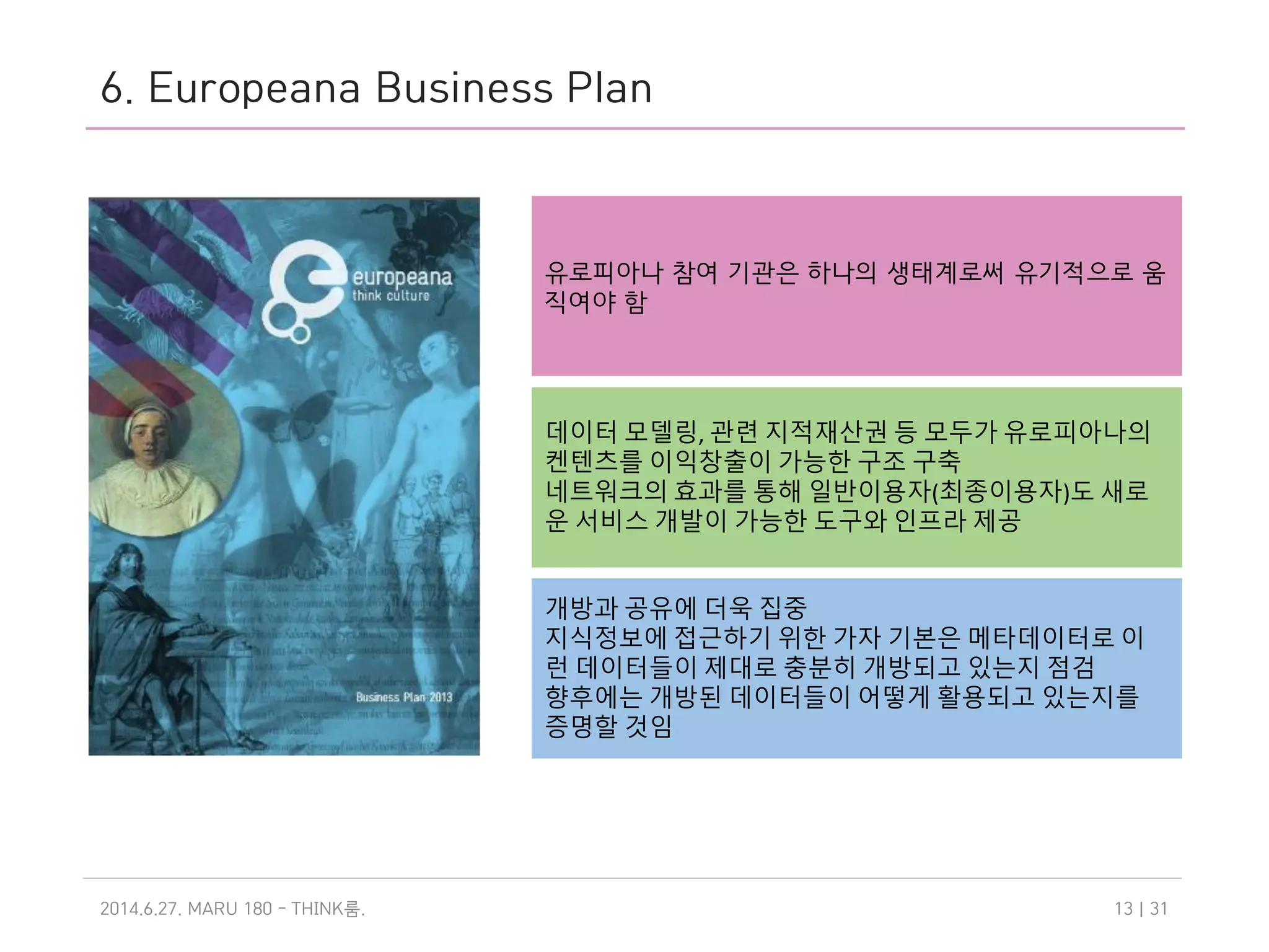6. Europeana Business Plan
2014.6.27. MARU 180 - THINK .룸 | 3113
유로피아나 참여 기관은 하나의 생태계로써 유기적으로 움
직여야 함
데이터 모델링, 관련 지적재산권 등 모두가 유로피아나의
켄텐츠를 이익창출이 가능한 구조 구축
네트워크의 효과를 통해 일반이용자(최종이용자)도 새로
운 서비스 개발이 가능한 도구와 인프라 제공
개방과 공유에 더욱 집중
지식정보에 접근하기 위한 가자 기본은 메타데이터로 이
런 데이터들이 제대로 충분히 개방되고 있는지 점검
향후에는 개방된 데이터들이 어떻게 활용되고 있는지를
증명할 것임
 