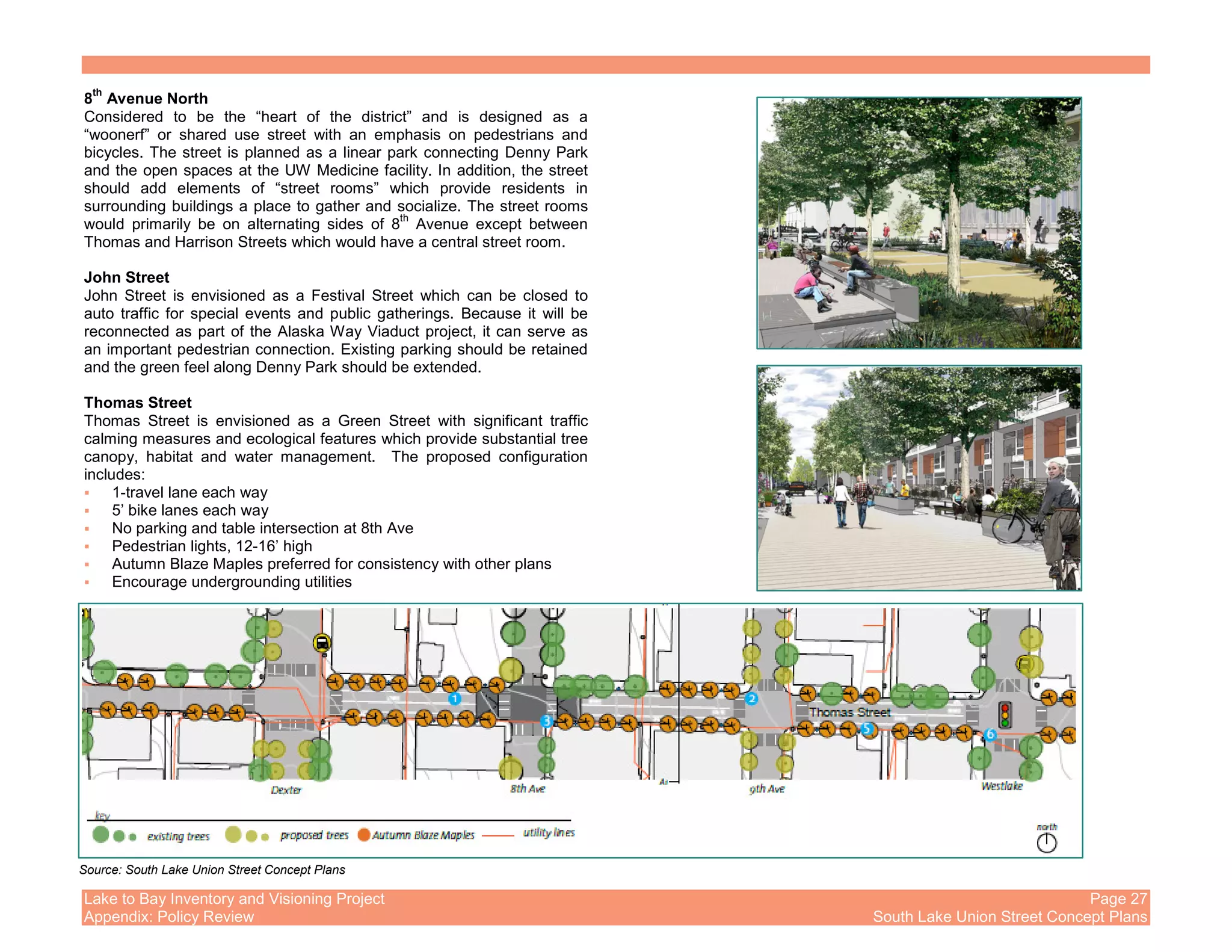 Lake to Bay Inventory and Visioning Project Page 27
Appendix: Policy Review South Lake Union Street Concept Plans
8
th
Avenue North
Considered to be the “heart of the district” and is designed as a
“woonerf” or shared use street with an emphasis on pedestrians and
bicycles. The street is planned as a linear park connecting Denny Park
and the open spaces at the UW Medicine facility. In addition, the street
should add elements of “street rooms” which provide residents in
surrounding buildings a place to gather and socialize. The street rooms
would primarily be on alternating sides of 8
th
Avenue except between
Thomas and Harrison Streets which would have a central street room.
John Street
John Street is envisioned as a Festival Street which can be closed to
auto traffic for special events and public gatherings. Because it will be
reconnected as part of the Alaska Way Viaduct project, it can serve as
an important pedestrian connection. Existing parking should be retained
and the green feel along Denny Park should be extended.
Thomas Street
Thomas Street is envisioned as a Green Street with significant traffic
calming measures and ecological features which provide substantial tree
canopy, habitat and water management. The proposed configuration
includes:
1-travel lane each way
5’ bike lanes each way
No parking and table intersection at 8th Ave
Pedestrian lights, 12-16’ high
Autumn Blaze Maples preferred for consistency with other plans
Encourage undergrounding utilities
Source: South Lake Union Street Concept Plans
 