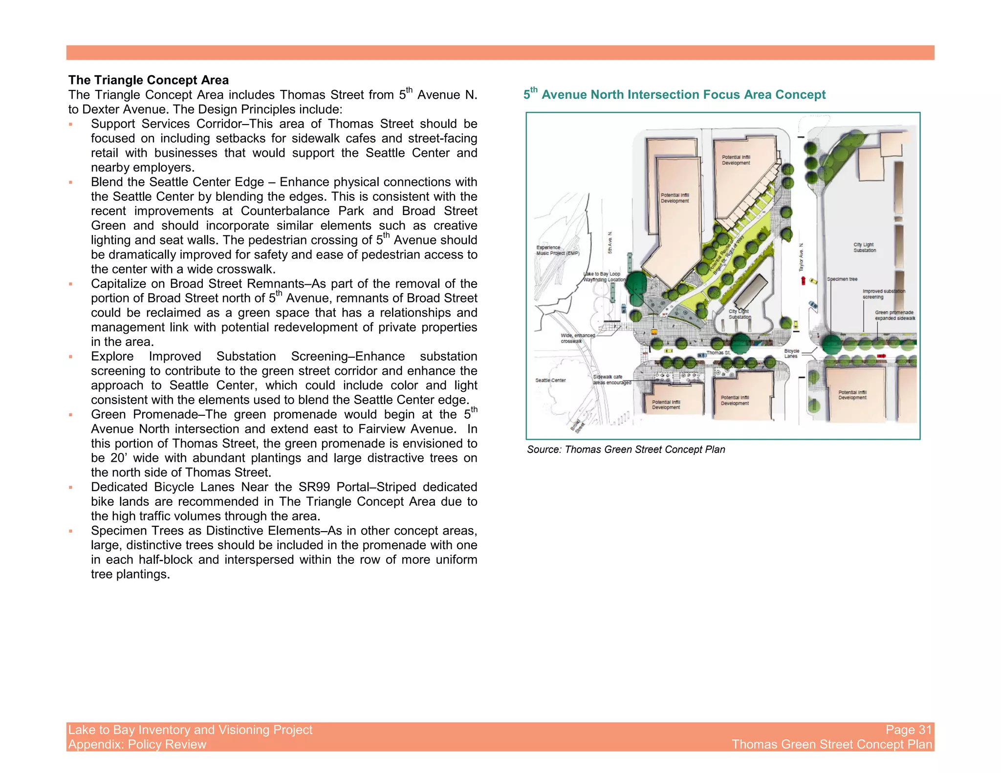 Lake to Bay Inventory and Visioning Project Page 31
Appendix: Policy Review Thomas Green Street Concept Plan
The Triangle Concept Area
The Triangle Concept Area includes Thomas Street from 5
th
Avenue N.
to Dexter Avenue. The Design Principles include:
Support Services Corridor–This area of Thomas Street should be
focused on including setbacks for sidewalk cafes and street-facing
retail with businesses that would support the Seattle Center and
nearby employers.
Blend the Seattle Center Edge – Enhance physical connections with
the Seattle Center by blending the edges. This is consistent with the
recent improvements at Counterbalance Park and Broad Street
Green and should incorporate similar elements such as creative
lighting and seat walls. The pedestrian crossing of 5
th
Avenue should
be dramatically improved for safety and ease of pedestrian access to
the center with a wide crosswalk.
Capitalize on Broad Street Remnants–As part of the removal of the
portion of Broad Street north of 5
th
Avenue, remnants of Broad Street
could be reclaimed as a green space that has a relationships and
management link with potential redevelopment of private properties
in the area.
Explore Improved Substation Screening–Enhance substation
screening to contribute to the green street corridor and enhance the
approach to Seattle Center, which could include color and light
consistent with the elements used to blend the Seattle Center edge.
Green Promenade–The green promenade would begin at the 5
th
Avenue North intersection and extend east to Fairview Avenue. In
this portion of Thomas Street, the green promenade is envisioned to
be 20’ wide with abundant plantings and large distractive trees on
the north side of Thomas Street.
Dedicated Bicycle Lanes Near the SR99 Portal–Striped dedicated
bike lands are recommended in The Triangle Concept Area due to
the high traffic volumes through the area.
Specimen Trees as Distinctive Elements–As in other concept areas,
large, distinctive trees should be included in the promenade with one
in each half-block and interspersed within the row of more uniform
tree plantings.
5
th
Avenue North Intersection Focus Area Concept
Source: Thomas Green Street Concept Plan
 