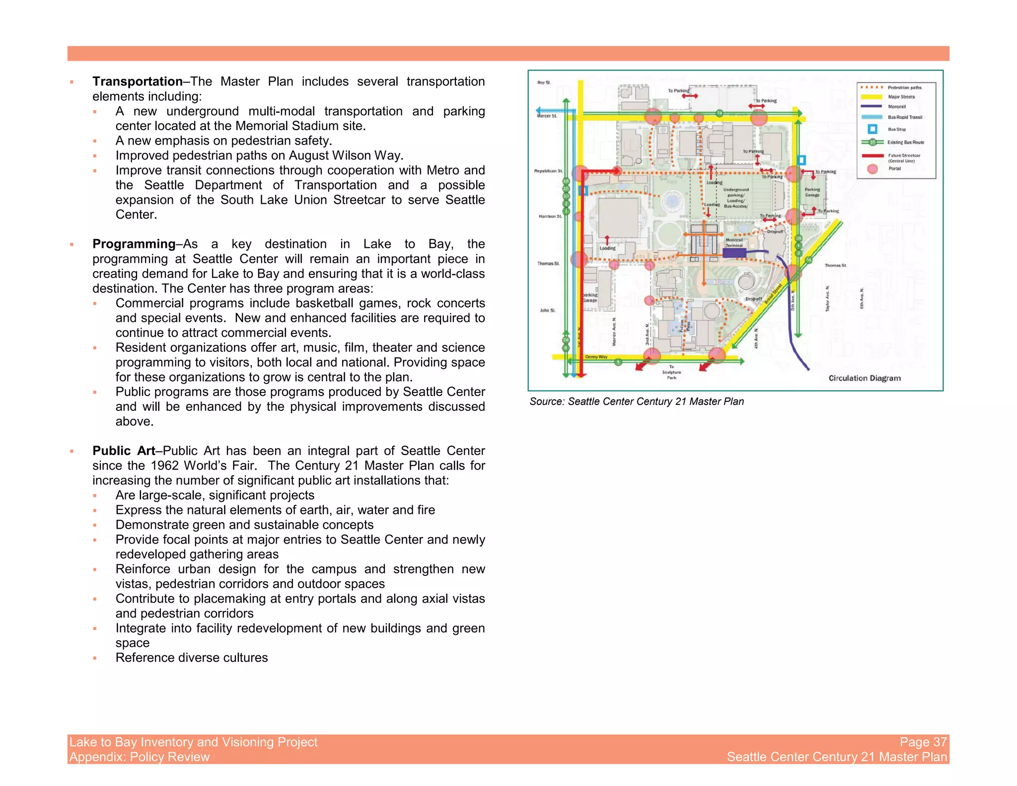 Lake to Bay Inventory and Visioning Project Page 37
Appendix: Policy Review Seattle Center Century 21 Master Plan
Transportation–The Master Plan includes several transportation
elements including:
A new underground multi-modal transportation and parking
center located at the Memorial Stadium site.
A new emphasis on pedestrian safety.
Improved pedestrian paths on August Wilson Way.
Improve transit connections through cooperation with Metro and
the Seattle Department of Transportation and a possible
expansion of the South Lake Union Streetcar to serve Seattle
Center.
Programming–As a key destination in Lake to Bay, the
programming at Seattle Center will remain an important piece in
creating demand for Lake to Bay and ensuring that it is a world-class
destination. The Center has three program areas:
Commercial programs include basketball games, rock concerts
and special events. New and enhanced facilities are required to
continue to attract commercial events.
Resident organizations offer art, music, film, theater and science
programming to visitors, both local and national. Providing space
for these organizations to grow is central to the plan.
Public programs are those programs produced by Seattle Center
and will be enhanced by the physical improvements discussed
above.
Public Art–Public Art has been an integral part of Seattle Center
since the 1962 World’s Fair. The Century 21 Master Plan calls for
increasing the number of significant public art installations that:
Are large-scale, significant projects
Express the natural elements of earth, air, water and fire
Demonstrate green and sustainable concepts
Provide focal points at major entries to Seattle Center and newly
redeveloped gathering areas
Reinforce urban design for the campus and strengthen new
vistas, pedestrian corridors and outdoor spaces
Contribute to placemaking at entry portals and along axial vistas
and pedestrian corridors
Integrate into facility redevelopment of new buildings and green
space
Reference diverse cultures
Source: Seattle Center Century 21 Master Plan
 