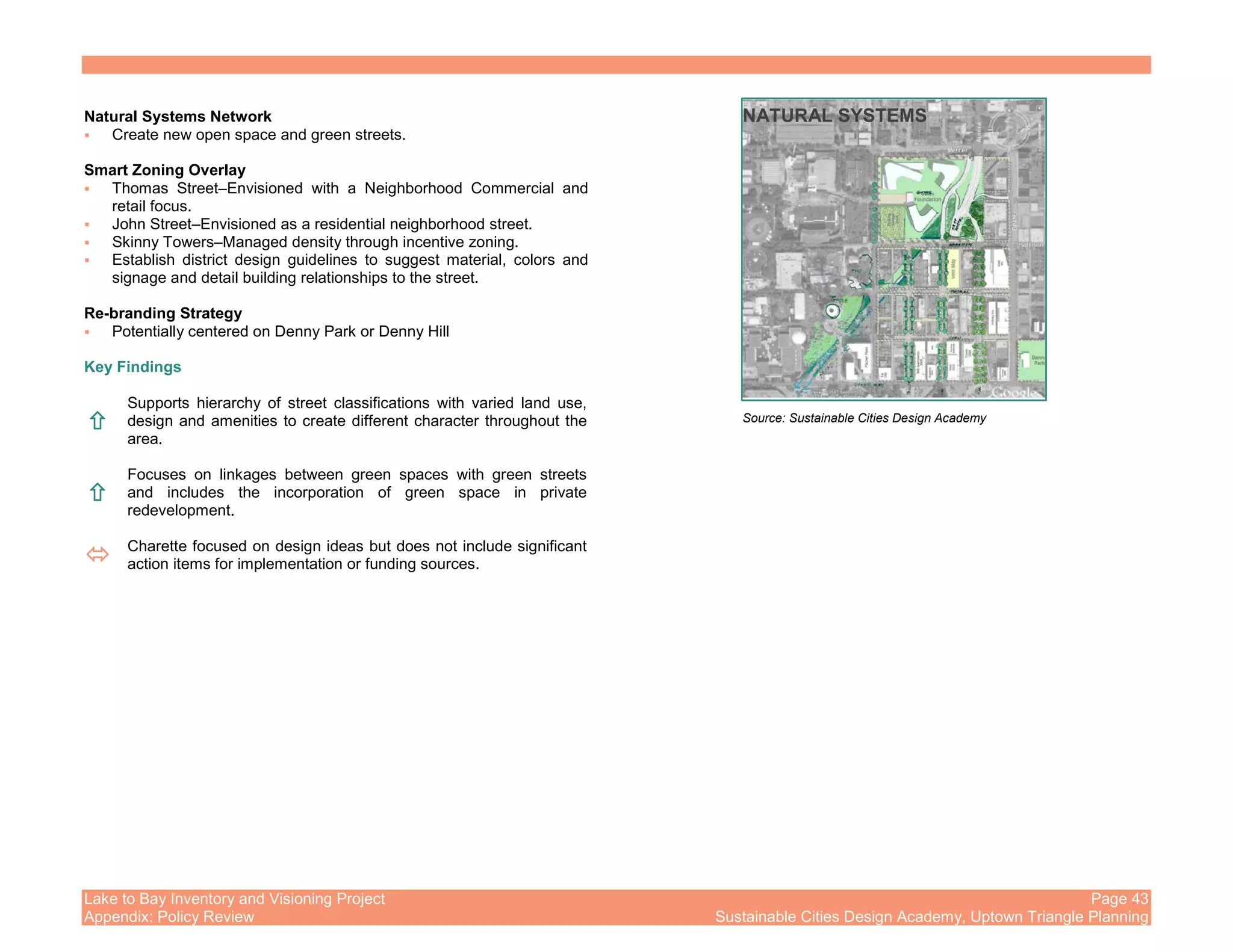 Lake to Bay Inventory and Visioning Project Page 43
Appendix: Policy Review Sustainable Cities Design Academy, Uptown Triangle Planning
Natural Systems Network
Create new open space and green streets.
Smart Zoning Overlay
Thomas Street–Envisioned with a Neighborhood Commercial and
retail focus.
John Street–Envisioned as a residential neighborhood street.
Skinny Towers–Managed density through incentive zoning.
Establish district design guidelines to suggest material, colors and
signage and detail building relationships to the street.
Re-branding Strategy
Potentially centered on Denny Park or Denny Hill
Key Findings
Supports hierarchy of street classifications with varied land use,
design and amenities to create different character throughout the
area.
Focuses on linkages between green spaces with green streets
and includes the incorporation of green space in private
redevelopment.
Charette focused on design ideas but does not include significant
action items for implementation or funding sources.
NATURAL SYSTEMS
Source: Sustainable Cities Design Academy
 