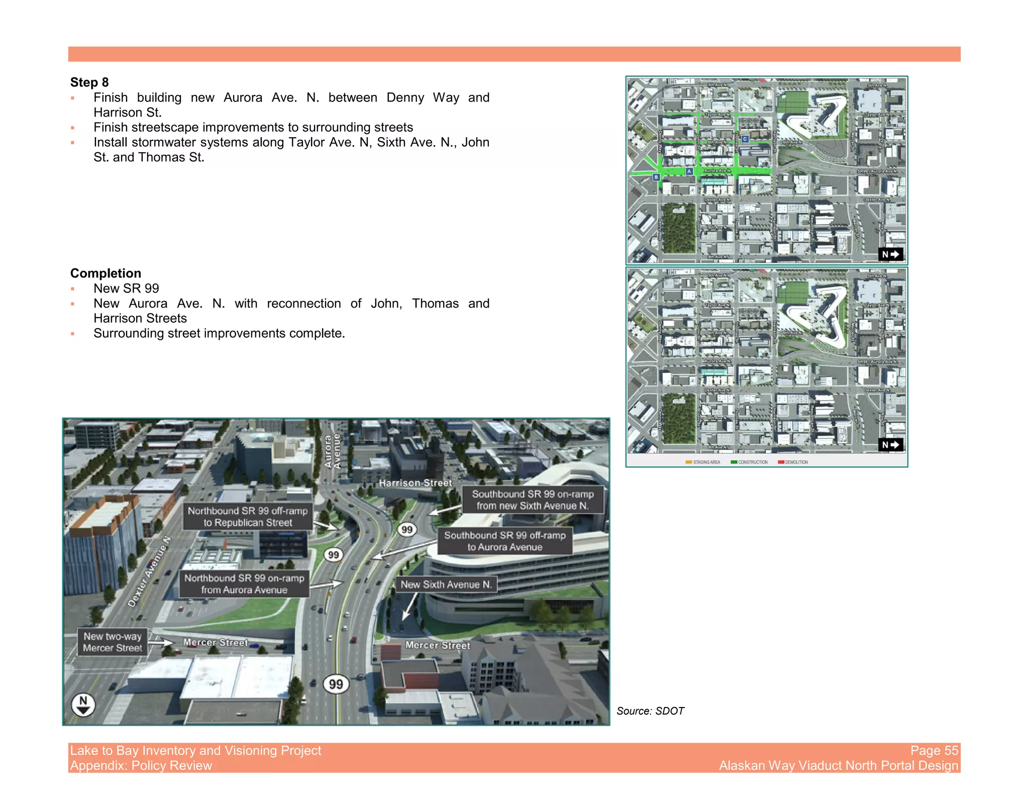 Lake to Bay Inventory and Visioning Project Page 55
Appendix: Policy Review Alaskan Way Viaduct North Portal Design
Step 8
Finish building new Aurora Ave. N. between Denny Way and
Harrison St.
Finish streetscape improvements to surrounding streets
Install stormwater systems along Taylor Ave. N, Sixth Ave. N., John
St. and Thomas St.
Completion
New SR 99
New Aurora Ave. N. with reconnection of John, Thomas and
Harrison Streets
Surrounding street improvements complete.
Source: SDOT
 