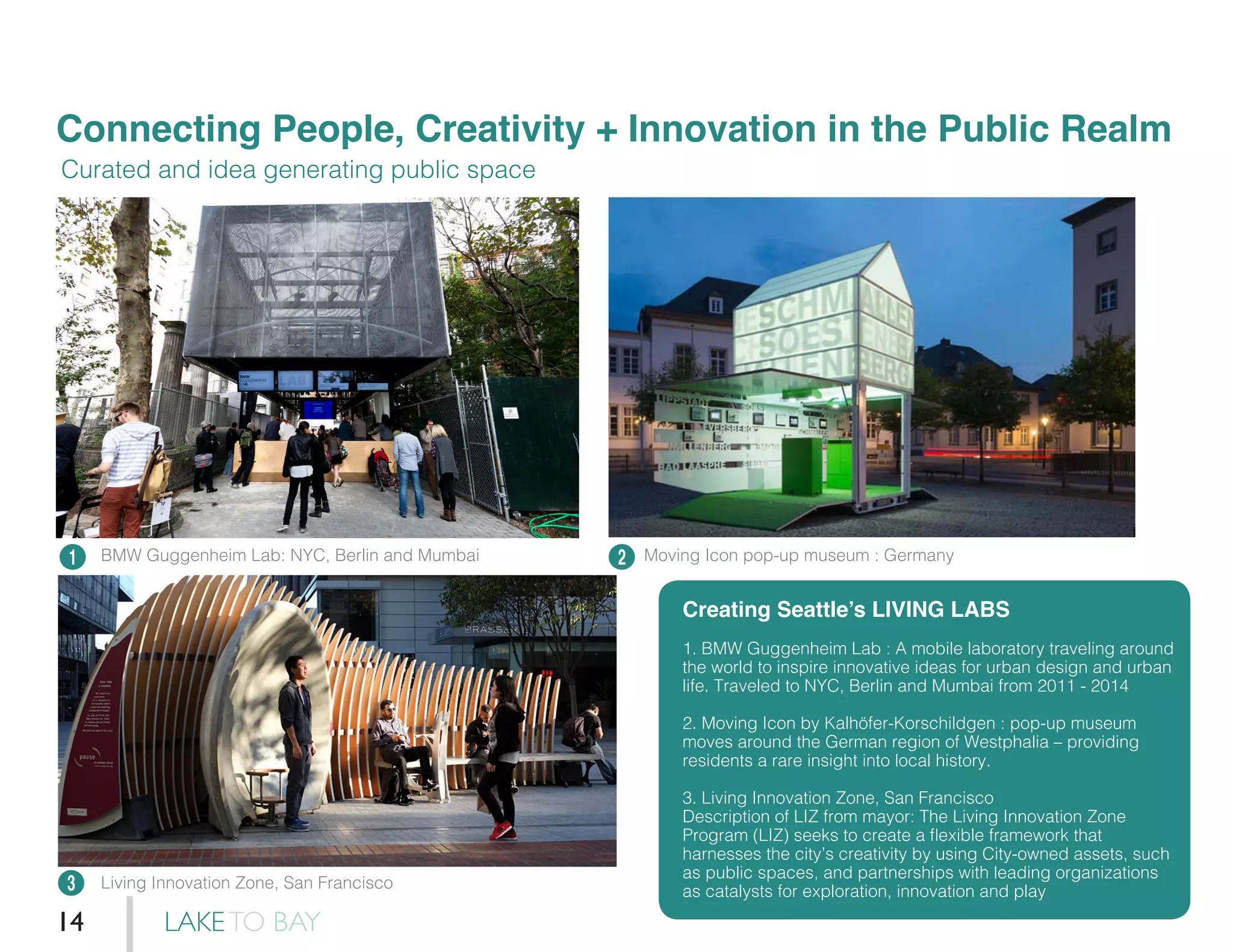 Connecting People, Creativity + Innovation in the Public Realm
1 2
Curated and idea generating public space
Creating Seattle’s LIVING LABS
1. BMW Guggenheim Lab : A mobile laboratory traveling around
the world to inspire innovative ideas for urban design and urban
life. Traveled to NYC, Berlin and Mumbai from 2011 - 2014
2. Moving Icon by Kalhöfer-Korschildgen : pop-up museum
moves around the German region of Westphalia – providing
residents a rare insight into local history.
3. Living Innovation Zone, San Francisco
Description of LIZ from mayor: The Living Innovation Zone
Program (LIZ) seeks to create a flexible framework that
harnesses the city’s creativity by using City-owned assets, such
as public spaces, and partnerships with leading organizations
as catalysts for exploration, innovation and play3
BMW Guggenheim Lab: NYC, Berlin and Mumbai
Living Innovation Zone, San Francisco
Moving Icon pop-up museum : Germany
LAKETO BAY14
 