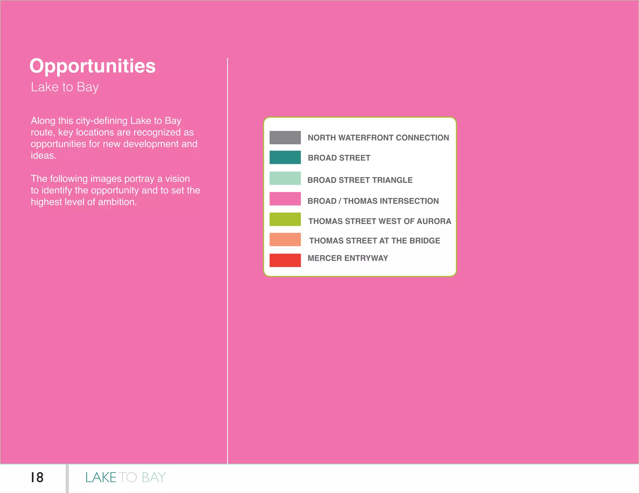 Opportunities
Lake to Bay
Along this city-defining Lake to Bay
route, key locations are recognized as
opportunities for new development and
ideas.
The following images portray a vision
to identify the opportunity and to set the
highest level of ambition.
BROAD STREET
THOMAS STREET WEST OF AURORA
MERCER ENTRYWAY
THOMAS STREET AT THE BRIDGE
NORTH WATERFRONT CONNECTION
BROAD STREET TRIANGLE
BROAD / THOMAS INTERSECTION
LAKETO BAY18
 
