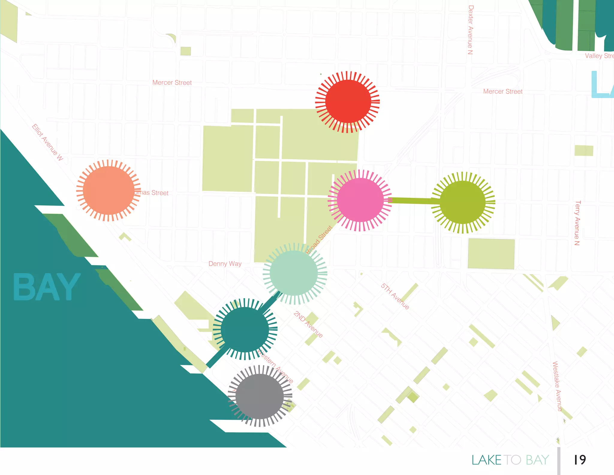 Denny Way
Broad
Street
Mercer Street
Mercer Street
ElliotAvenue
W
W
estern
Avenue
Alaska
W
ay
2ND
Avenue
5TH
Avenue
DexterAvenueN
Valley Stre
WestlakeAvenue
TerryAvenueN
Thomas Street
BAY
LA
LAKETO BAY 19
 