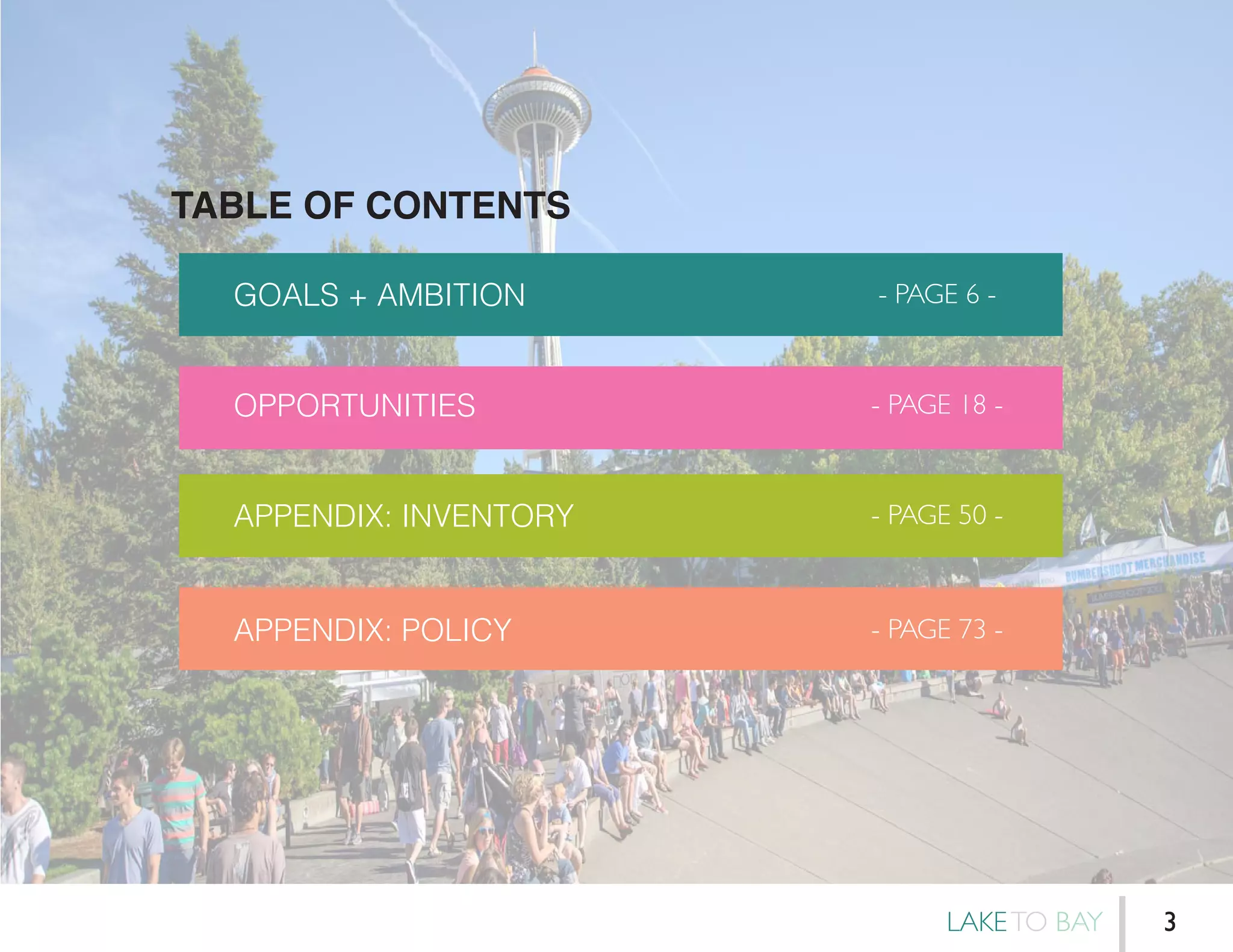 TABLE OF CONTENTS
GOALS + AMBITION
OPPORTUNITIES
APPENDIX: INVENTORY
APPENDIX: POLICY
- PAGE 6 -
- PAGE 18 -
- PAGE 50 -
- PAGE 73 -
LAKETO BAY 3
 