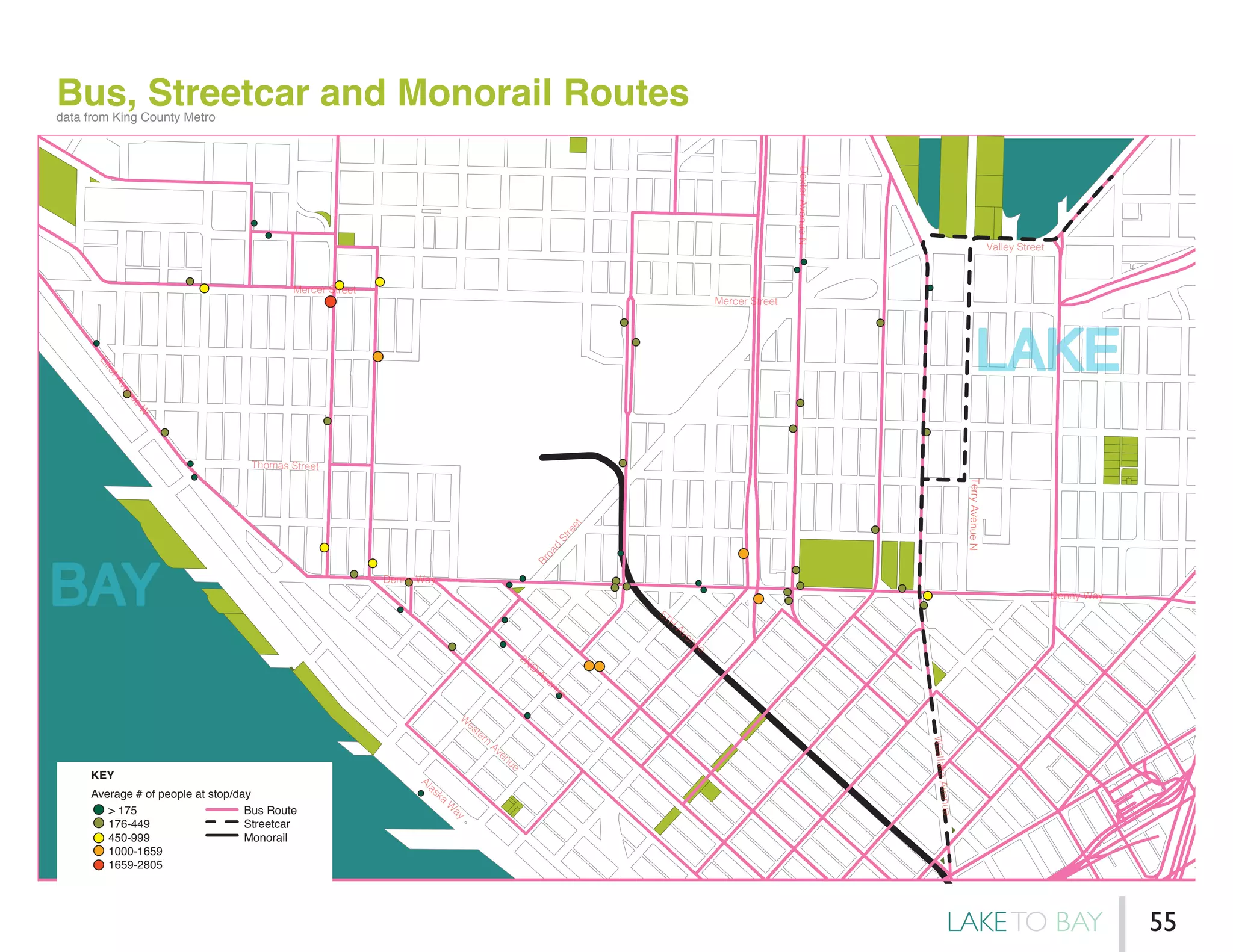 Bus, Streetcar and Monorail Routes
BAY
LAKE
Average # of people at stop/day
> 175
176-449
450-999
1000-1659
1659-2805
Bus Route
Streetcar
Monorail
KEY
Denny Way
Denny Way
Broad
Street
Mercer Street
Mercer Street
ElliotAvenue
W
W
estern
Avenue
Alaska
W
ay
2ND
Avenue
5TH
Avenue
DexterAvenueN
Valley Street
WestlakeAvenue
TerryAvenueN
Thomas Street
data from King County Metro
LAKETO BAY 55
 
