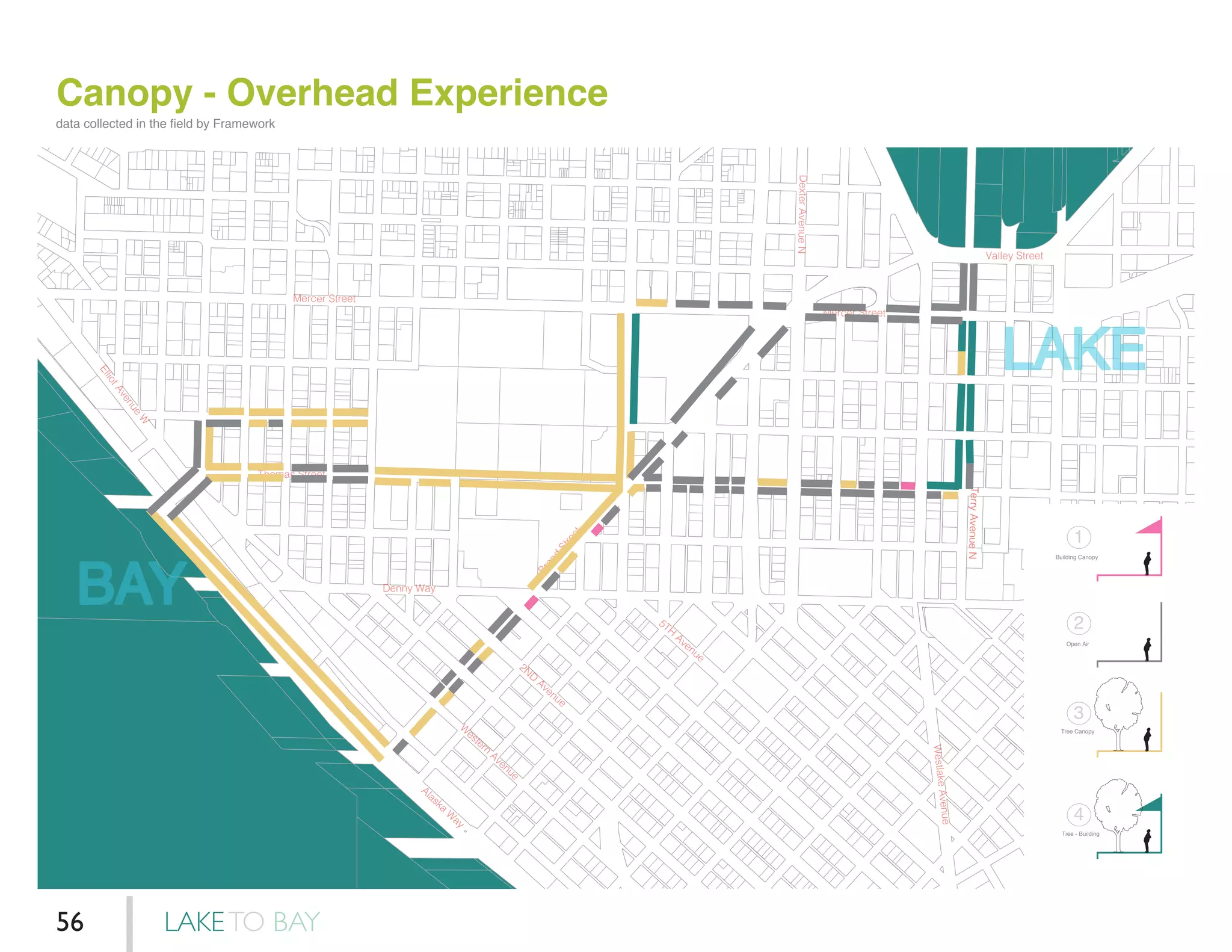 Canopy - Overhead Experience
Denny Way
Thomas Street
Denny Way
Broad
Street
Mercer Street
Mercer Street
ElliotAvenue
W
W
estern
Avenue
Alaska
W
ay
2ND
Avenue
5TH
Avenue
DexterAvenueN
Valley Street
WestlakeAvenue
TerryAvenueN
BAY
LAKE
1
2
3
4
Building Canopy
Open Air
Tree Canopy
Tree - Building
data collected in the field by Framework
LAKETO BAY56
 