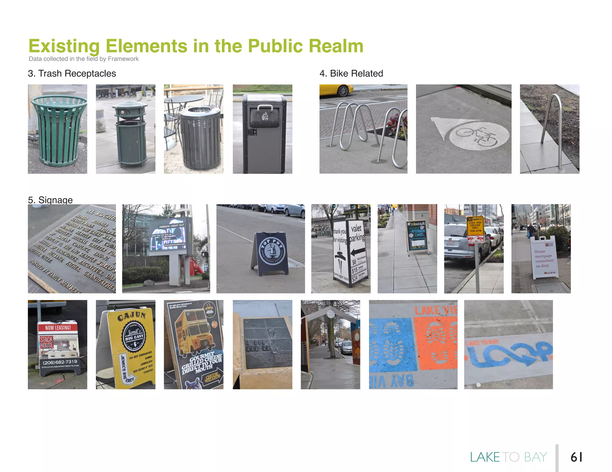Existing Elements in the Public Realm
3. Trash Receptacles 4. Bike Related
5. Signage
Data collected in the field by Framework
LAKETO BAY 61
 