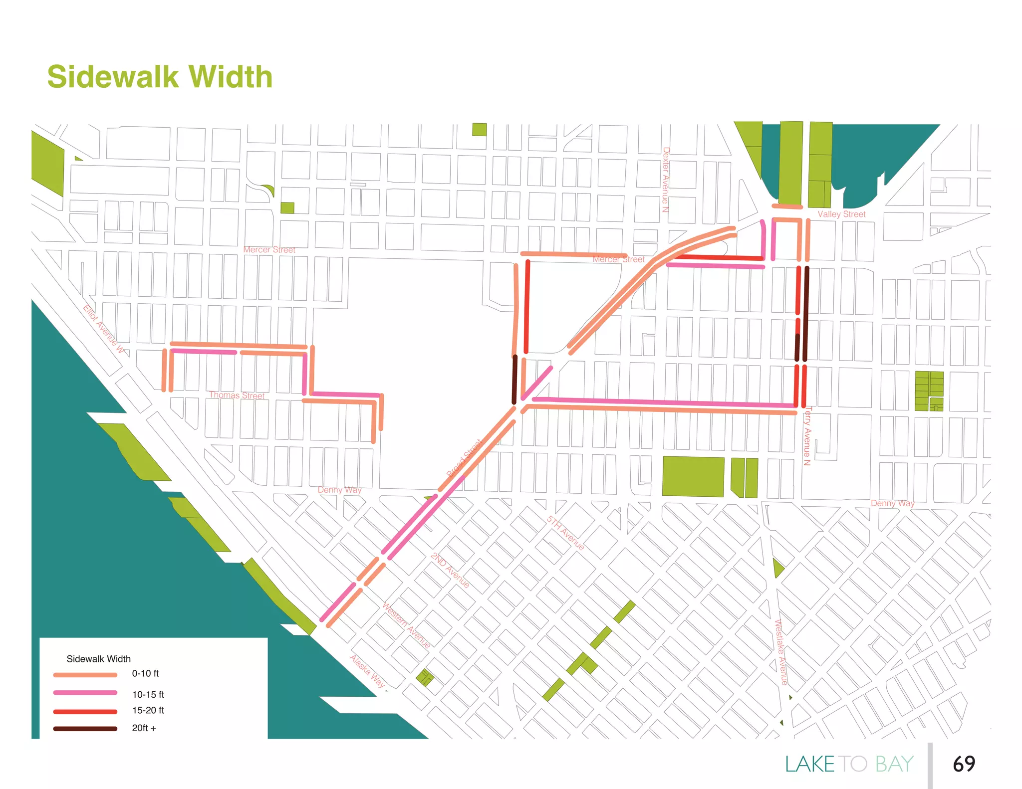Sidewalk Width
0-10 ft
10-15 ft
15-20 ft
20ft +
Sidewalk Width
Denny Way
Denny Way
Broad
Street
Mercer Street
Mercer Street
ElliotAvenue
W
W
estern
Avenue
Alaska
W
ay
2ND
Avenue
5TH
Avenue
DexterAvenueN
Valley Street
WestlakeAvenue
TerryAvenueN
Thomas Street
LAKETO BAY 69
 