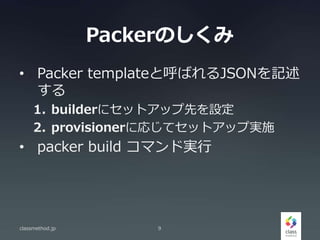 Packerのしくみ
• Packer templateと呼ばれるJSONを記述
する
1. builderにセットアップ先を設定
2. provisionerに応じてセットアップ実施
• packer build コマンド実行
classmethod.jp 9
 