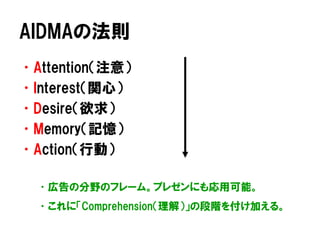 AIDMAの法則
•Attention（注意）
•Interest（関心）
•Desire（欲求）
•Memory（記憶）
•Action（行動）
•広告の分野のフレーム。プレゼンにも応用可能。
•これに「Comprehension（理解）」の段階を付け加える。
 