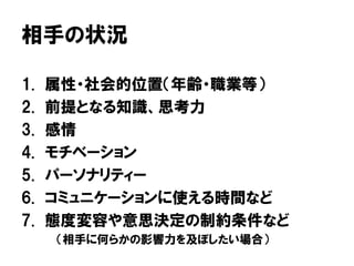 相手の状況
1. 属性・社会的位置（年齢・職業等）
2. 前提となる知識、思考力
3. 感情
4. モチベーション
5. パーソナリティー
6. コミュニケーションに使える時間など
7. 態度変容や意思決定の制約条件など
（相手に何らかの影響力を及ぼしたい場合）
 