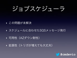 ジョブスケジューラ
‣ この問題が未解決
‣ スケジュールに合わせたSQSメッセージ発行
‣ 可用性（AZダウン耐性）
‣ 拡張性（トリガが増えても大丈夫）
#cmdevio
 
