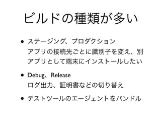 ビルドの種類が多い
• ステージング、プロダクション 
アプリの接続先ごとに識別子を変え、別
アプリとして端末にインストールしたい	

• Debug、Release 
ログ出力、証明書などの切り替え	

• テストツールのエージェントをバンドル
 