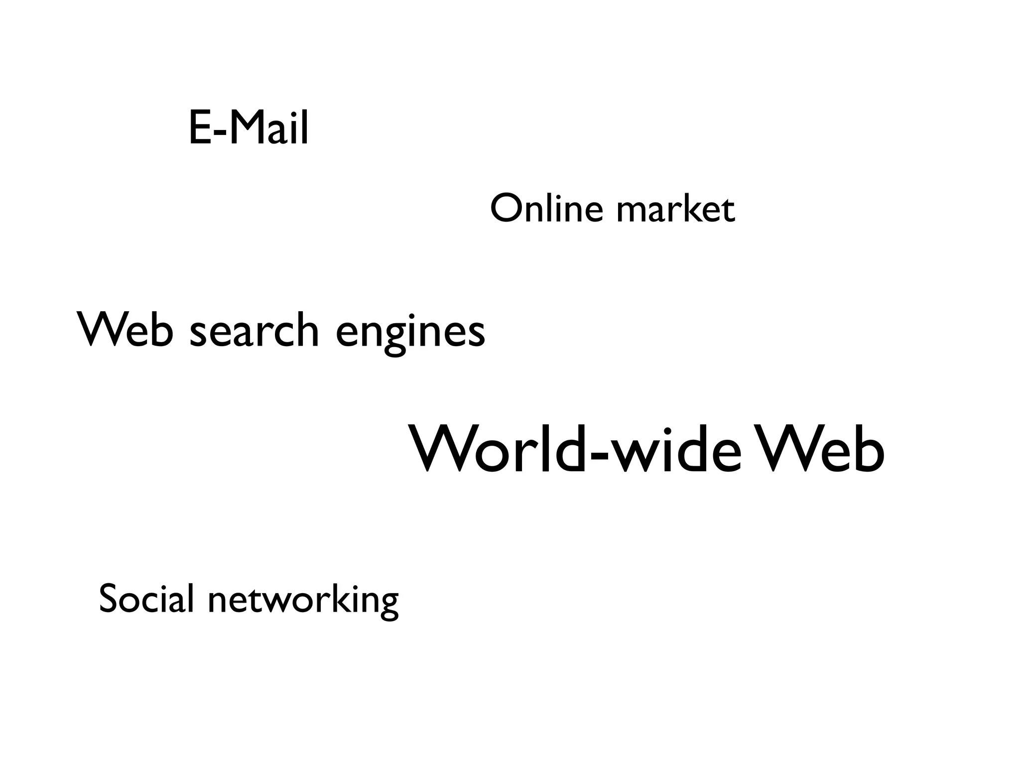 Web search engines
Online market
World-wide Web
Social networking
E-Mail
 