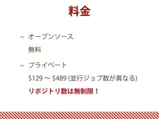 オープンソース 
無料
プライベート 
$129 ∼ $489 (並行ジョブ数が異なる) 
リポジトリ数は無制限！
料金
 