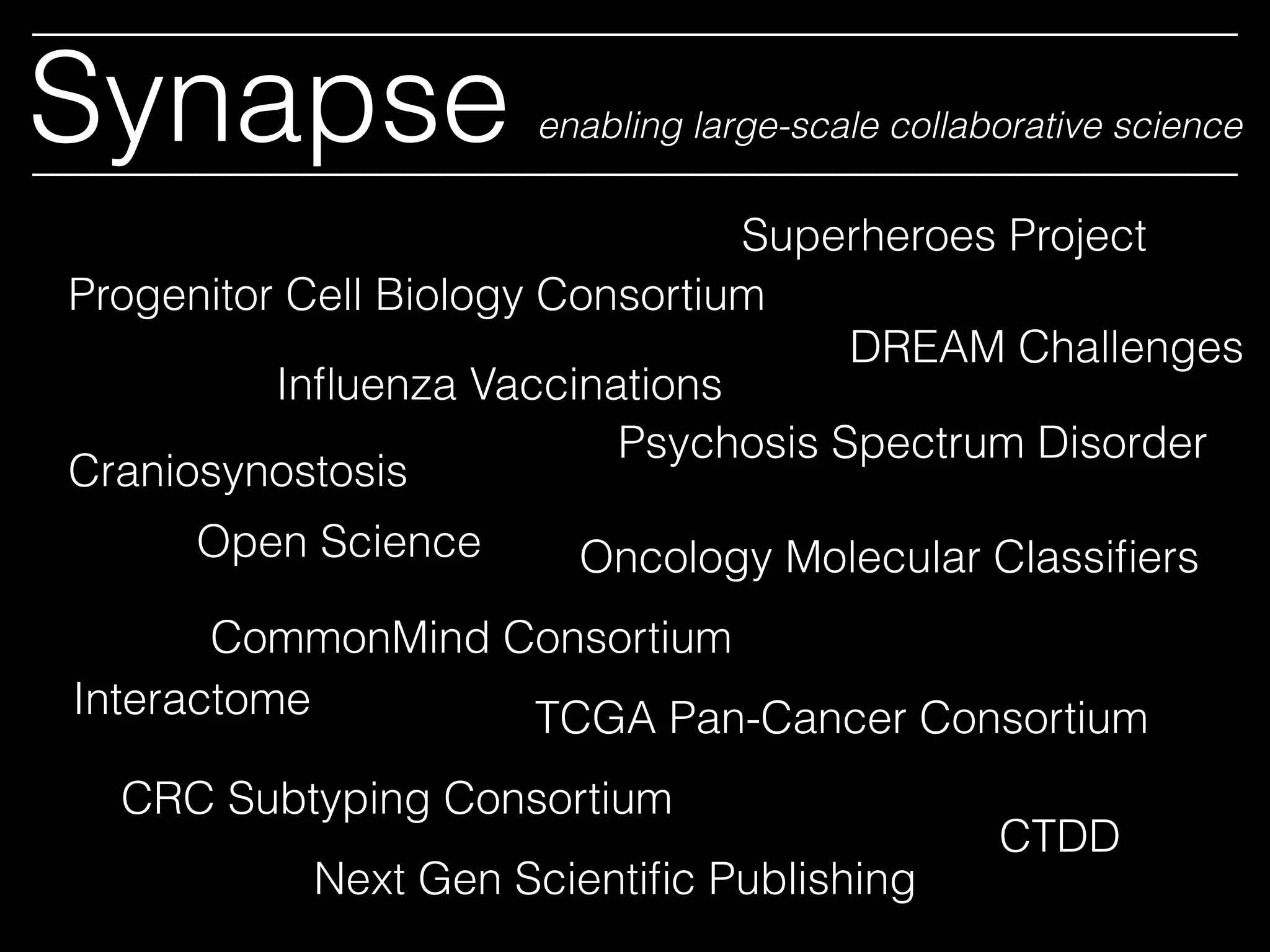 Synapse enabling large-scale collaborative science
CRC Subtyping Consortium
DREAM Challenges
Progenitor Cell Biology Consortium
TCGA Pan-Cancer Consortium
CommonMind Consortium
Interactome
CTDD
Superheroes Project
Inﬂuenza Vaccinations
Craniosynostosis
Psychosis Spectrum Disorder
Oncology Molecular Classiﬁers
Next Gen Scientiﬁc Publishing
Open Science
 