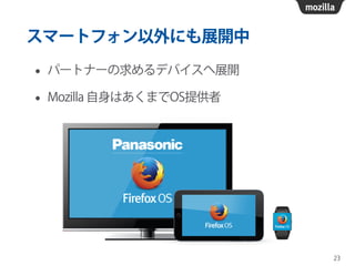 スマートフォン以外にも展開中
• パートナーの求めるデバイスへ展開
• Mozilla 自身はあくまでOS提供者
23
 