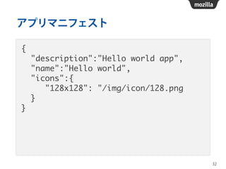 アプリマニフェスト
{	
"description":"Hello world app",	
"name":"Hello world",	
"icons":{	
"128x128": "/img/icon/128.png	
}	
}
32
 