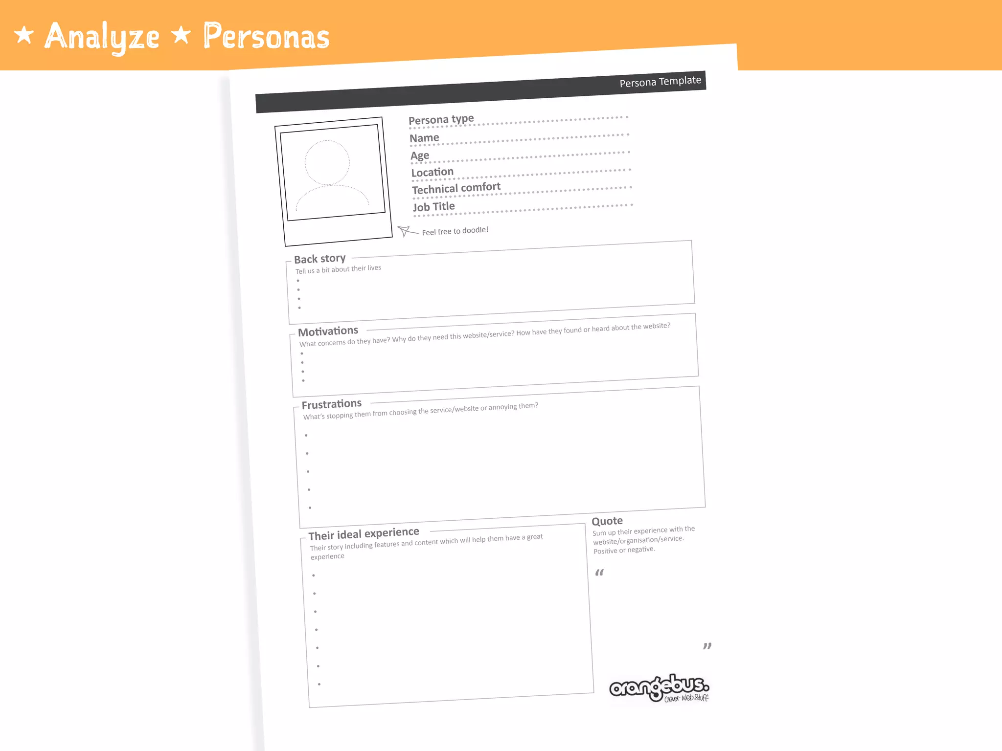 1 Analyze 1 Personas
Name
Persona type
Age
Technical comfort
Job Title
Back story
Their ideal experience
Feel free to doodle!
Persona Template
Quote
“
_”
Tell us a bit about their lives
What concerns do they have? Why do they need this website/service? How have they found or heard about the website?
What’s stopping them from choosing the service/website or annoying them?
Their story including features and content which will help them have a great
experience
Sum up their experience with the
 