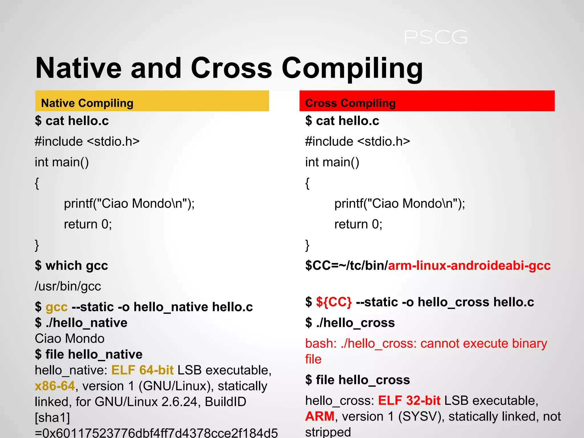 Native and Cross Compiling
$ cat hello.c
#include <stdio.h>
int main()
{
printf("Ciao Mondon");
return 0;
}
$ which gcc
/usr/bin/gcc
$ gcc --static -o hello_native hello.c
$ ./hello_native
Ciao Mondo
$ file hello_native
hello_native: ELF 64-bit LSB executable,
x86-64, version 1 (GNU/Linux), statically
linked, for GNU/Linux 2.6.24, BuildID
[sha1]
=0x60117523776dbf4ff7d4378cce2f184d5
$ cat hello.c
#include <stdio.h>
int main()
{
printf("Ciao Mondon");
return 0;
}
$CC=~/tc/bin/arm-linux-androideabi-gcc
$ ${CC} --static -o hello_cross hello.c
$ ./hello_cross
bash: ./hello_cross: cannot execute binary
file
$ file hello_cross
hello_cross: ELF 32-bit LSB executable,
ARM, version 1 (SYSV), statically linked, not
stripped
Native Compiling Cross Compiling
PSCG
 