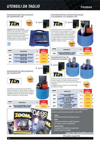 14 -
Disponibile a magazzino CDU
FresaturaUTENSILI DA TAGLIO
Sul sito CDU troverete l’archivio completo delle pubblicazioni del
Consorzio, tutte liberamente scaricabili in formato PDF:
Fokus
promozionale dedicata allo shopping tecnico
Zoom
promozionale dedicata a prodotti organizzati
per marchio o campo di applicazione.
Spazio Tecnico
trimestrale di CDU dedicato ad approfondire
singoli comparti merceologici.
www.cdu.net/pubblicazioni
Assortimento per fresa ad inserti
per spallamenti a 90°
Assortimento per fresa ad inserti per
spallamenti a 90° con codolo cilindrico e piano
di trascinamento DIN 1835B, con passaggio
interno del lubrorefrigerante, il passo a
incremento asimmetrico permette rotazioni più
regolari con buone prestazioni di taglio.
Consigliato l’utilizzo su macchine stabili nelle
fresature dal pieno con grandi profondità.
A58020
Composizione €
..9000
1 fresa cod. A58 020 0160 + 20 inserti
A93 015 1550 189,45 170,51 ◆
..9005
1 fresa cod. A58 020 0200 + 20 inserti
A93 015 1550
206,70 186,03 ◆
..9010
1 fresa cod. A58 020 0251 + 20 inserti
A93 015 1550
223,90 201,51 ◆
Prezzo
Assortimento fresa ad inserti per smussi
e scanalature a V e centrare a 45°
Assortimento fresa ad inserti (cod.A58 080),
per esecuzione di smussi scanalature a V e centrare
a 45°, con attacco cilindrico weldon, con passaggio
interno del lubrorefrigerante (ad esclusione del
cod.A58 080 0202), per lavorazioni di sbavatura di
fori, asole e tasche, per la fresatura di bordi piastra.
Consigliato l’utilizzo su macchine con una buona
rigidità (non utilizzare su trapani).
A58080
Composto da €
..9000
1 fresa cod. A58 080 0201 + 4 inserti
TCMX 16T3 cod. A93 100 0530 170,60 153,54 ◆
Prezzo
Assortimento per fresa ad inserti
per svasature 45°
Assortimento per fresa ad inserti (cod.A58 084) per
esecuzione svasature 45°, attacco cilindrico, un pattino in
metallo duro non permette alla fresa spostamenti laterali
annullando le vibrazioni. Per svasatura di fori, consigliato
l’utilizzo su macchine con una buona rigidità.
A58084
Composizione €
..9000
1 fresa cod. A58 084 0025 + 5 inserti
TCGX 163504 cod. A93 092 1060 163,65 147,29 ◆
pagina 289 pagina 294
Prezzo
pagina 296
Assortimento fresa ad
inserti per svasatura
Assortimento fresa ad inserti (cod.A58 085), per esecuzione
di smussi e svasature, con attacco cilindrico weldon, per
lavorazioni di sbavatura di fori, asole e tasche, per la fresatura di
bordi piastra.
Consigliato l’utilizzo su macchine con una buona rigidità
(non utilizzare su trapani).
A58085
Composto da €
..9000
1+1 fresa cod. A58 085 0012 -
A58 085 0062 136,15 122,54 ◆
..9005
1+1 fresa cod. A58 085 0012 -
A58 085 0062 + 10 inserti TCMT 110204
cod. A93 095 1060
187,80 169,02 ◆
..9010 1+1 fresa cod. A58 085 0540 -
A58 085 1580 136,15 122,54 ◆
..9015
1+1 fresa cod. A58 085 0540 - A58 085
1580 + 10 inserti TCMT 110204
cod. A93 095 1060
187,80 169,02 ◆
Prezzo
pagina 295
 