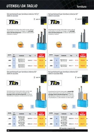 16 -
Disponibile a magazzino CDU
UTENSILI DA TAGLIO
pagina 321
pagina 322 pagina 323
Set portainserti per tornitura interna stelo in acciaio, sede per
inserto positivo a norma ISO con ﬁssaggio a vite, passaggio
interno del lubrorefrigerante, da utilizzare nelle lavorazioni
di alesatura e copiatura.
Set portainserti per tornitura interna 107,5°
stelo in acciaio
A62070 N°
pezzi
Contenuto Tipo €
..9000 3
A62 070 0110 /
A62 070 0112 /
A62 070 0116
SDQCR 07 174,85 157,37 ◆
..9005 3
A62 070 0210 /
A62 070 0212 /
A62 070 0216
SDQCL 07 174,85 157,37 ◆
A62075
N° pezzi Contenuto Tipo €
..9000 2 A62 075 0116 /
A62 075 0120
SVJCR 11 167,10 150,39 ◆
..9005 2
A62 075 0216 /
A62 075 0220
SVJCL 11 167,10 150,39 ◆
Set portainserti per tornitura interna stelo in acciaio, sede per
inserto positivo a norma ISO con ﬁssaggio a vite, passaggio
interno del lubrorefrigerante, da utilizzare nelle lavorazioni
di alesatura e copiatura.
Set portainserti per tornitura interna 52°
stelo in acciaio
pagina 321
A62085 N°
pezzi
Contenuto Tipo €
..9000 12
A62 085 0108 /
A62 085 0208
+ 10 inserti
A93 120 1070
SWUCR 02 217,05 195,35 ◆
..9005 12
A62 085 0308 /
A62 085 0408
+ 10 inserti
A93 120 1070
SWUCL 02 217,05 195,35 ◆
Set portainserti per tornitura interna stelo in acciaio, sede
per inserto positivo a norma ISO con ﬁssaggio a vite,
passaggio interno del lubrorefrigerante, da utilizzare
nelle lavorazioni di alesatura e tornitura anche di fori ciechi.
Set portainserti per tornitura interna 93°
stelo in acciaio
Set portainserti per tornitura interna 93°
stelo in acciaio HSS
Set portainserti per tornitura interna stelo in acciaio HSS,
sede per inserto positivo a norma ISO con ﬁssaggio a vite,
passaggio interno del lubrorefrigerante, da utilizzare
nelle lavorazioni di alesatura e tornitura anche di fori ciechi,
con profondità ﬁno a 5 volte il diametro con ottima rigidità.
A62090
N° pezzi Contenuto Tipo €
..9000 12
A62 090 0108 /
A62 090 0208
+ 10 inserti
A93 120 1070
SWUCR 02 271,30 244,17 ◆
..9005 12
A62 090 0308 /
A62 090 0408
+ 10 inserti
A93 120 1070
SWUCL 02 271,30 244,17 ◆
Tornitura
PrezzoPrezzo
PrezzoPrezzo
 