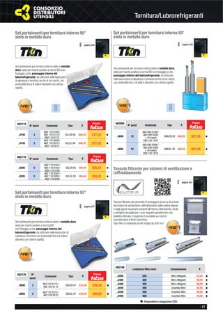 - 17
Disponibile a magazzino CDU
Set portainserti per tornitura interna stelo in metallo duro,
sede per inserto positivo a norma ISO con ﬁssaggio a vite,
passaggio interno del lubrorefrigerante, da utilizzare
nelle lavorazioni di alesatura e tornitura anche di fori ciechi,
con profondità ﬁno a 8 volte il diametro con ottima rigidità.
Set portainserti per tornitura interna 93°
stelo in metallo duro
pagina 323
A62095
N° pezzi Contenuto Tipo €
..9000 12
A62 095 0108 /
A62 095 0208
+ 10 inserti
A93 120 1070
SWUCR 02 408,20 367,38 ◆
..9005 12
A62 095 0308 /
A62 095 0408
+ 10 inserti
A93 120 1070
SWUCL 02 408,20 367,38 ◆
Set portainserti per tornitura interna 95°
stelo in metallo duro
Set portainserti per tornitura interna stelo in metallo
duro, sede per inserto positivo a norma ISO con
ﬁssaggio a vite, passaggio interno del
lubrorefrigerante, da utilizzare nelle lavorazioni
di alesatura e tornitura anche di fori ciechi, con
profondità ﬁno a 8 volte il diametro con ottima
rigidità.
A62110
N° pezzi Contenuto Tipo €
..9100 3
A62 110 0108 /
A62 110 0110 /
A62 110 0112
SCLCR 06 308,35 277,52 ◆
..9105 3
A62 110 0208 /
A62 110 0210 /
A62 110 0212
SCLCL 06 308,35 277,52 ◆
pagina 325
A62110
N° pezzi Contenuto Tipo €
..9200 3
A62 110 0104 /
A62 110 0105 /
A62 110 0106
SCLCR 03 394,45 355,01 ◆
..9205 3
A62 110 0204 /
A62 110 0205 /
A62 110 0206
SCLCL 03 394,45 355,01 ◆
A62125 N°
pezzi
Contenuto Tipo €
..9000 2 A62 125 0110 /
A62 125 0112
SDUCR 07 232,50 209,25 ◆
..9005 2
A62 125 0210 /
A62 125 0212
SDUCL 07 232,50 209,25 ◆
Set portainserti per tornitura interna 93°
stelo in metallo duro
Set portainserti per tornitura interna stelo in metallo duro,
sede per inserto positivo a norma ISO
con ﬁssaggio a vite, passaggio interno del
lubrorefrigerante, da utilizzare nelle lavorazioni di
copiatura e tornitura con profondità ﬁno a 8 volte il
diametro con ottima rigidità.
pagina 327
U02100
Larghezza ﬁltro (mm) Composizione €
..0200 200 ﬁltro+Magneti 33,50 ◆
..0300 300 ﬁltro+Magneti 59,00 ◆
..0400 400 ﬁltro+Magneti 68,00 ◆
..0220 200 ricambio ﬁltro 28,50 ◆
..0330 300 ricambio ﬁltro 39,00 ◆
..0440 400 ricambio ﬁltro 44,00 ◆
Tessuto ﬁltrante per sistemi di ventilazione e
raffreddamento
Tessuto ﬁltrante che permette di proteggere la bocca di entrata
dei sistemi di ventilazione-raffreddamento dalle nebbie oleose
e dagli agenti inquinanti presenti all’interno dell’azienda, facile
e semplice da applicare, i suoi magneti garantiscono una
stabilità ottimale, il risparmio è sensibile sui costi di
manutenzione e fermi macchina.
Ogni ﬁltro è composto da 90 strappi da 200 mm.
pagina 381
Tornitura/Lubrorefrigeranti
Prezzo
Prezzo
Prezzo
Prezzo
 