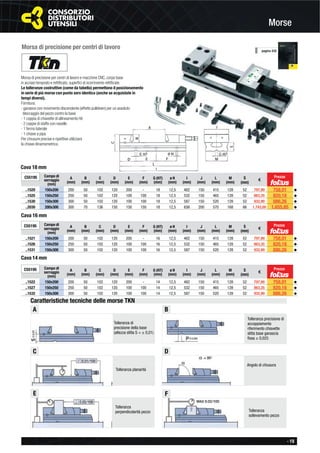 - 19
Morse
Morsa di precisione per centri di lavoro
Morsa di precisione per centri di lavoro e macchine CNC, corpo base
in acciaio temprato e rettiﬁcato, superﬁci di scorrimento rettiﬁcate.
Le tolleranze costruttive (come da tabella) permettono il posizionamento
in serie di più morse con punto zero identico (anche se acquistate in
tempi diversi).
Fornitura:
- ganasce con movimento discendente (effetto pulldown) per un assoluto
bloccaggio del pezzo contro la base
- 1 coppia di chiavette di allineamento h6
- 2 coppie di staffe con nasello
- 1 fermo laterale
- 1 chiave a pipa
Per chiusure precise e ripetitive utilizzare
la chiave dinamometrica.
C55195 Campo di
serraggio
(mm)
A
(mm)
B
(mm)
C
(mm)
D
(mm)
E
(mm)
F
(mm)
G (H7)
(mm)
ø H
(mm)
I
(mm)
J
(mm)
L
(mm)
M
(mm)
S
(mm)
€
..1520 150x200 200 50 102 120 200 - 18 12,5 482 150 415 128 52 797,90 758,01 ◆
..1525 150x250 250 50 102 120 100 100 18 12,5 532 150 465 128 52 863,35 820,18 ◆
..1530 150x300 300 50 102 120 100 100 18 12,5 587 150 520 128 52 932,90 886,26 ◆
..2030 200x300 300 70 136 150 150 150 18 12,5 656 200 570 168 66 1.743,00 1.655,85 ◆
Cava 18 mm
Cava 16 mm
C55195 Campo di
serraggio
(mm)
A
(mm)
B
(mm)
C
(mm)
D
(mm)
E
(mm)
F
(mm)
G (H7)
(mm)
ø H
(mm)
I
(mm)
J
(mm)
L
(mm)
M
(mm)
S
(mm)
€
..1521 150x200 200 50 102 120 200 - 16 12,5 482 150 415 128 52 797,90 758,01 ◆
..1526 150x250 250 50 102 120 100 100 16 12,5 532 150 465 128 52 863,35 820,18 ◆
..1531 150x300 300 50 102 120 100 100 16 12,5 587 150 520 128 52 932,90 886,26 ◆
Cava 14 mm
C55195 Campo di
serraggio
(mm)
A
(mm)
B
(mm)
C
(mm)
D
(mm)
E
(mm)
F
(mm)
G (H7)
(mm)
ø H
(mm)
I
(mm)
J
(mm)
L
(mm)
M
(mm)
S
(mm)
€
..1522 150x200 200 50 102 120 200 - 14 12,5 482 150 415 128 52 797,90 758,01 ◆
..1527 150x250 250 50 102 120 100 100 14 12,5 532 150 465 128 52 863,35 820,18 ◆
..1532 150x300 300 50 102 120 100 100 14 12,5 587 150 520 128 52 932,90 886,26 ◆
pagina 430
Prezzo
Prezzo
Prezzo
A
C
E
B
D
F
Tolleranza di
precisione della base
(altezza slitta S = ± 0,01)
Tolleranza precisione di
accoppiamento
riferimento chiavette
slitta base ganascia
ﬁssa ± 0,025
Tolleranza planarità
Angolo di chiusura
Tolleranza
perpendicolarità pezzo Tolleranza
sollevamento pezzo
Caratteristiche tecniche delle morse TKN
 