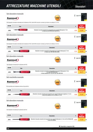22 -
Disponibile a magazzino CDU
SbavatoriATTREZZATURE MACCHINE UTENSILI
C85484
Foto Esecuzione €
..0010 Sbavatore manuale composto da impugnatura per supporti telescopici ø 7 mm
e 2 lame cod. C85 498 0200-0220. 12,10 10,29 ◆
Set sbavatore manuale universale per la sbavatura di fori, bordi diritti concavi e convessi, per lame con ø attacco 2,6 mm.
Set sbavatore manuale
pagina 580
Prezzo
Set sbavatore manuale
Set sbavatore manuale universale per la sbavatura di fori, bordi diritti concavi e convessi, per lame con ø attacco 3,2 mm.
pagina 579
C85486
Foto Esecuzione €
..0010 Sbavatore manuale composto da impugnatura per supporti telescopici ø 7 mm
e 3 lame cod. C85 498 0240-0260-0270. 14,65 12,45 ◆
Prezzo
pagina 580
Set sbavatore manuale
Set sbavatore manuale per la sbavatura dei fori.
C85488
Foto Esecuzione €
..0010
Sbavatore manuale composto da impugnatura per supporti telescopici ø 7 mm
con estremità ﬁlettata M7
e fresa a sbavare 90° ø 20 mm cod. C85 498 0530.
36,20 30,77 ◆
Prezzo
Set raschietto manuale
pagina 582
Set raschietto per la sbavatura interna di piccoli fori.
C85488
Foto Esecuzione €
..0020
Sbavatore manuale composto da impugnatura per supporti telescopici lunghezza 113 mm
e lama HSS lunghezza 50 mm (D66) ø 3,2 mm. 25,85 21,97 ◆
Prezzo
Set sbavatore manuale
Set sbavatore manuale per la sbavatura dei fori.
C85488
Foto Esecuzione €
..0015
Sbavatore manuale composto da impugnatura per supporti telescopici ø 7 mm con foro ﬁlettato M3
e lama HSS (N80K). 20,50 17,43 ◆
Prezzo
pagina 582
 