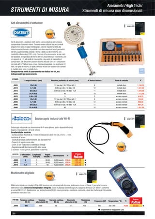 30 -
Disponibile a magazzino CDU
Alesametri/High Tech/
Strumenti di misura non dimensionaliSTRUMENTI DI MISURA
Set di alesametri a tastatore (detti anche a pinza elastica) per la misura
comparativa di diametri interni. Possono essere utilizzati sia per controlli
singoli che di serie, in sala metrologica o a bordo macchina. Oltre alla
misurazione del diametro è possibile controllare eventuali errori geometrici
del foro, quali rotondità, conicità e forma a botte. Lo strumento ha una
ripetibilità millesimale (0,001 mm). Principio di funzionamento: le due metà
del tastatore, stringendosi all’interno del foro, trasmettono il movimento, con
un rapporto di 1:1, allo spillo di misura che, a sua volta, lo trasmette al
comparatore. Gli alesametri possono essere utilizzati con tutti i comparatori
con stelo ø 8 h7. Nel set sono inclusi il portacomparatore, con lunghezza 51
mm, e lo spillo di misura. Gli spilli di misura dei set con tastatori con contatti
in metallo duro, sono in metallo duro.
Comparatore e anelli di azzeramento non inclusi nel set, ma
indispensabili per azzeramento.
Set alesametri a tastatore
F25025
Campo di misura (mm) Massima profondità di misura (mm) N° teste di misura Punti di contatto €
..0005 1,5÷3,95 17 ﬁno al ø 2,45 / 22 dal ø 2,3 9 metallo duro 1.194,00
..0010 3,7÷9,8 40 ﬁno al ø 8,3 / 50 dal ø 8,2 12 metallo duro 1.521,00
..0015 9,4÷20,6 50 ﬁno al ø 15,6 / 90 dal ø 15,4 11 metallo duro 1.534,00
..0020 20,4÷30,6 90 10 metallo duro 1.712,00
..0025 0,95÷1,55 11 5 acciaio cromato 616,25
..0030 1,5÷3,95 17 ﬁno al ø 2,45 / 22 dal ø 2,3 9 acciaio cromato 794,60
..0035 3,7÷9,8 40 ﬁno al ø 8,3 / 50 dal ø 8,2 12 acciaio cromato 868,55
..0040 9,4÷20,6 50 ﬁno al ø 15,6 / 90 dal ø 15,4 11 acciaio cromato 861,30
..0045 20,4÷30,6 90 10 acciaio cromato 1.051,00
pagina 648
Endoscopio Industriale Wi-Fi
Endoscopio industriale con trasmissione Wi-Fi verso Iphone, Ipad e dispositivi Android,
leggero, maneggevole e di facile utilizzo.
Caratteristiche tecniche:
- Sonda con tubo ﬂessibile da 1 metro e videocamera da 9 mm o 5,5 mm o 17 mm,
resistente all’acqua
- Costruito e testato conformemente allo standard IP67
- Capacità di registrazione video
- Zoom 3x per migliorare la visibilità dei dettagli
- Regolazione dell’illuminazione LED della sonda
3 accessori inclusi: gancio, specchietto e calamita.
F03225 ø telecamera
(mm)
Lunghezza
tubo (m)
Angolo
visuale (°)
Illuminazione €
..0005 9 1 30/45 4 LED bianchi 119,00 107,10 ◆
..0010 17 1 30/45 4 LED bianchi 134,00 120,60 ◆
..0015 5,5 1 60 4 LED bianchi 369,00 332,10 ◆
Prezzo
pagina 670
Multimetro digitale
Multimetro digitale con display LCD a 4000 posizioni con indicatore della funzione, isolamento doppio in Classe 2, permette le misure
elettriche di base, sensore di temperatura integrato. Corpo in plastica resistente agli urti, categoria di misura CAT II 600 V, conforme
a norma EN61010-1.Applicazione: per testare tensioni DC/AC misura corrente e resistenza, continuità e diodi test, batteria da 9 V custodia
protettiva e manuale d’uso.
F91165 Tensione continua
DC (V)
Tensione
alternata AC (V)
Corrente continua
DC (A)
Ccorrente
alternata AC (A)
Resistenza
( ) Frequenza (HZ) Temperatura (°C) €
..0005 600 600 10 10 400 500 -20 +760 70,00 59,50 ◆
Prezzo
pagina 709
 