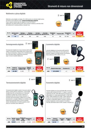 - 31
Strumenti di misura non dimensionali
Multimetro a pinza digitale
Multimetro a pinza digitale con display LCD a 4000 posizioni con indicatore della funzione,
permette le misure elettriche di base, sensore di temperatura integrato.
Corpo in plastica resistente agli urti, categoria di misura CAT III 600 V.
Applicazione: per testare tensioni DC/AC misura corrente e resistenza, continuità e diodi
test, batteria da 9 V custodia protettiva e manuale d’uso.
F91170 Apertura pinza
(mm)
Tensione
continua DC (V)
Tensione
alternata AC (V)
Corrente
continua DC (A)
Ccorrente
alternata AC (A)
Resistenza
( )
Frequenza (HZ)
Temperatura
(°C)
€
..0005 30 600 600 1000 1000 40 500 -50 +400 94,00 79,90 ◆
Prezzo
pagina 710
Termoigrometro digitale
Termoigrometro digitale per la misura istantanea dell’umidità
relativa o di temperatura rilevata dalla sonda, puntatore laser
per rilevare la temperatura, display LCD con retroilluminazione,
blocco del valore rilevato, spegnimento automatico
dopo 10 minuti di inattività. Batteria 9 V.
F91195 Campo di
misura (°C)
Campo di misura
umidità (% RH)
Tempo di
reazione
(s)
€
..0005 -50 +500 0÷100 3 184,00 156,40 ◆
pagina 712
Prezzo
Luxometro digitale
Luxometro digitale per la misurazione dell’intensità di
illuminazione, di facile utilizzo con unico switch per le
operazioni, display con retroilluminazione, foto rilevatore
diodo al silicone con ﬁltro, batteria 12 V, a 23.
F91135
Campo di misura (lux) Precisione (%) €
..0005 0,01÷50.000 ± 2 82,50 70,13 ◆
Prezzo
Termoanemometro digitale
Termoanemometro digitale in grado di misurare la velocità
dell’aria, portata (volume) e temperatura. L’ampio display
retroilluminato offre una facile lettura con l’indicazione
simultanea su doppia riga, dei valori di velocità e di
temperatura oltre che a fornire diverse indicazioni. Lo
strumento viene fornito testato e calibrato, per un corretto
funzionamento si consiglia di effettuare un controllo annuale.
Spegnimento automatico dopo 20 minuti di inattività,
sensore velocità/portata con ventolina angolata a basso
attrito con cuscinetto a sfere. Batteria 9 V.
F91125 Velocità
(m/s)
Velocità
(Km/h)
Portata aria
CMM
(m³/min)
Temperatura
(°C)
€
..0005 0,40÷30 1,4÷108 0÷9999 -10 +60 251,50 213,78 ◆
Prezzo
pagina 713
pagina 713
Fonometro digitale
Fonometro digitale per la misura del livello della rumorosità,
conforme alle normative IEC 61672-1 in classe 2, funzione di
registrazione dei dati, analisi della frequenza secondo la curva
selezionabile A e C, campi scala selezionabili: Lo 30dB, MED
50dB÷100dB, HI 800dB,AUTO 30dB÷130dB, registrazione
dei dati con memorizzazione dei valori minimi e massimi,
microfono a condensatore elettrico.Accessori in dotazione:
giravite di regolazione, schermo antivento, CD software,
cavo USB, alimentatore esterno DC9V, custodia e manuale d’uso.
F91185 Campo di
misura (dBA)
Precisione
(dBA)
Risoluzione
(dBA)
€
..0005 30÷130 ± 1,5 0,1 292,50 248,63 ◆
pagina 713
Prezzo
 